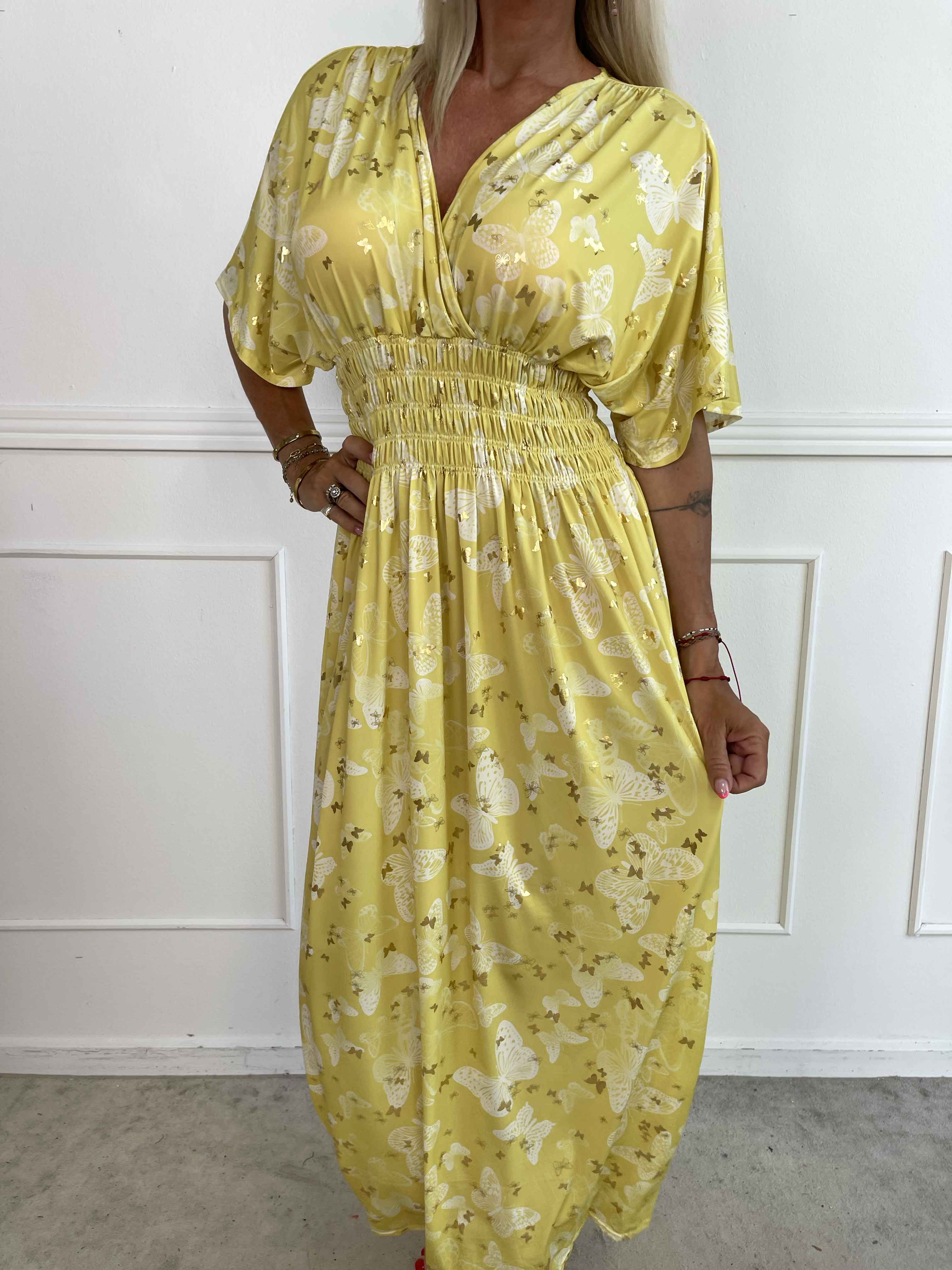 Pams Butterfly - Lång elastisk klänning med smockad midja