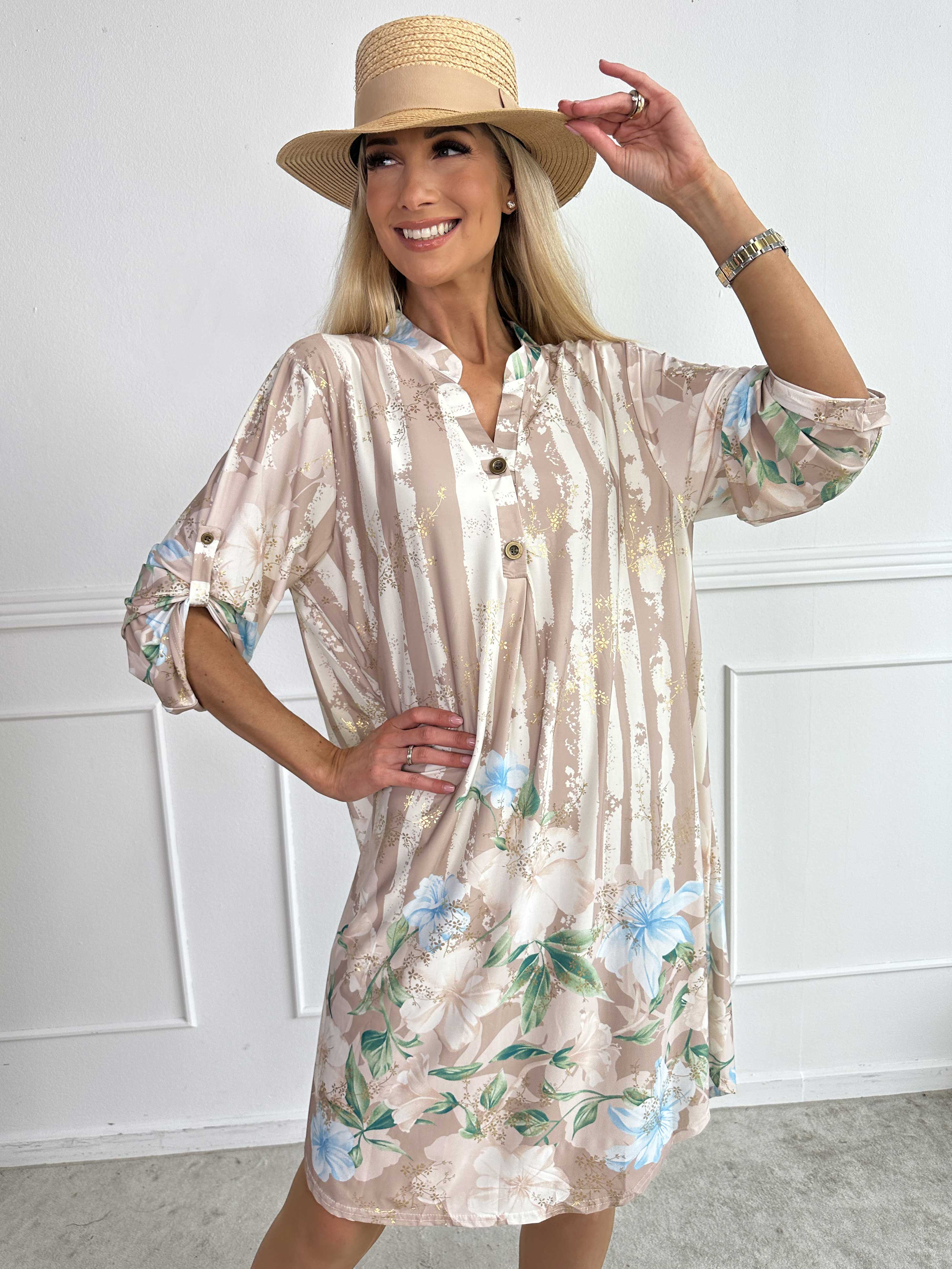 Ebba Floral Stripe Long - Elastisk blommig klänning med gulddetaljer