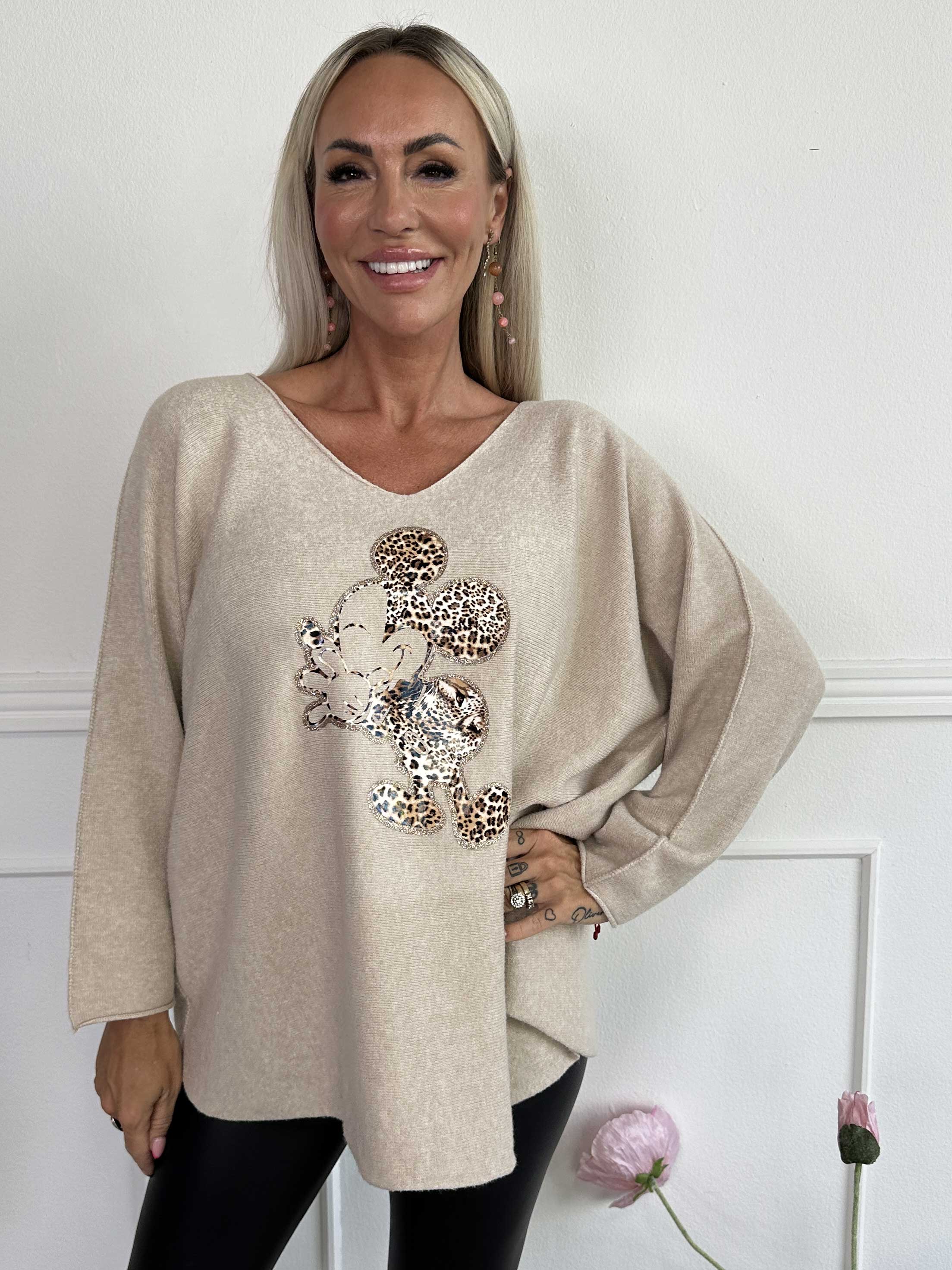 Mouse - Mjuk tröja med mickey tryck i leopardmönster