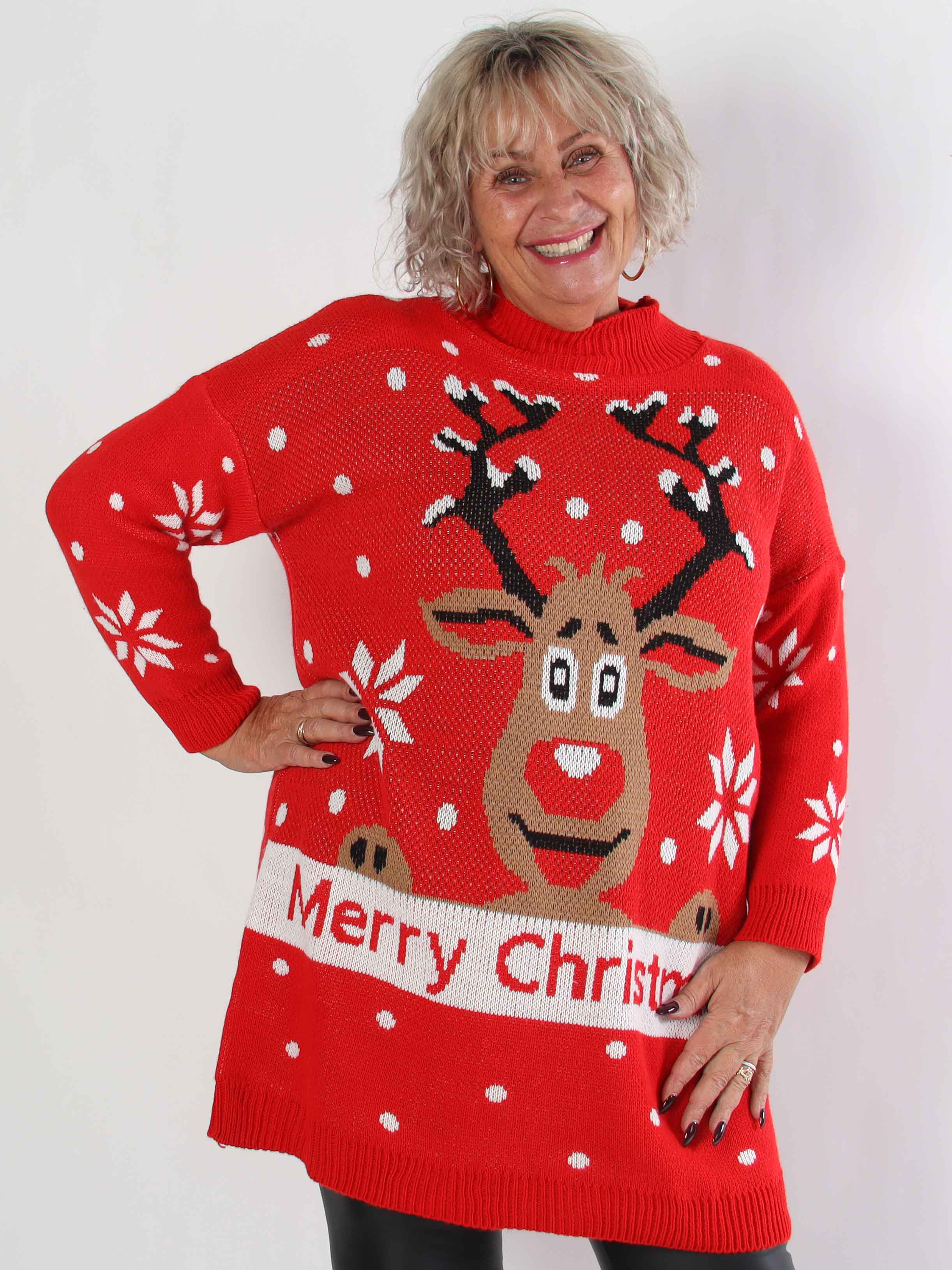 Rudy - Stickad plus size julklänning med Rudolf på magen