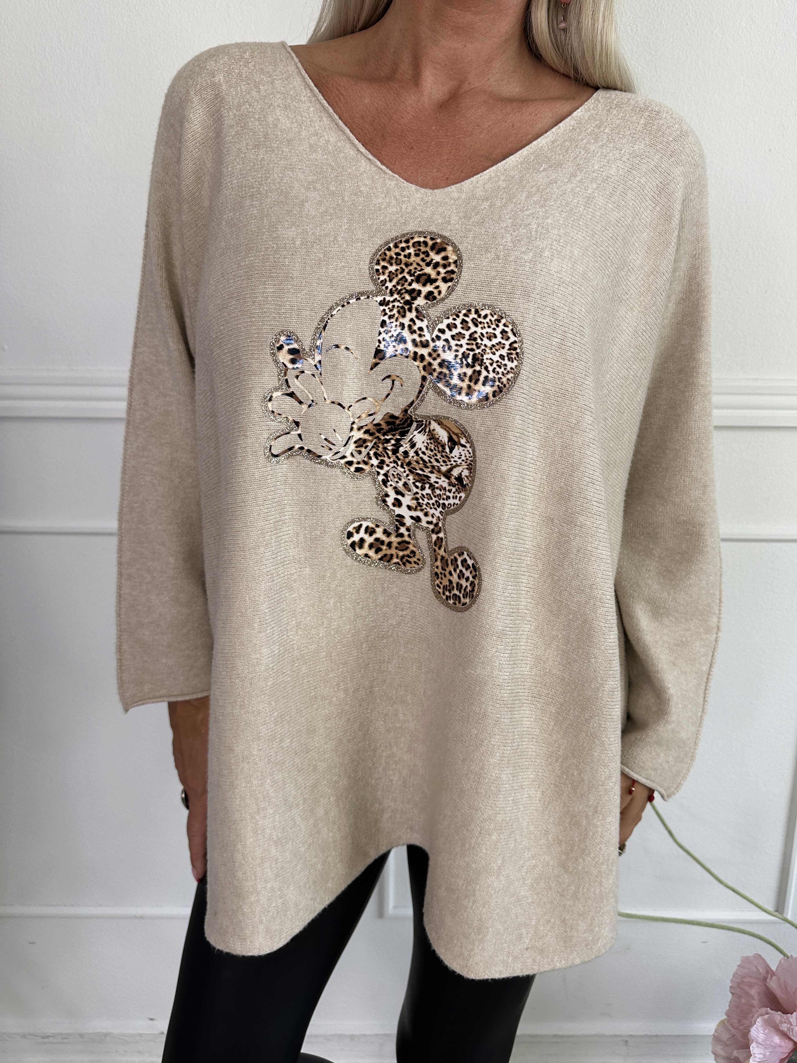 Mouse - Mjuk tröja med mickey tryck i leopardmönster