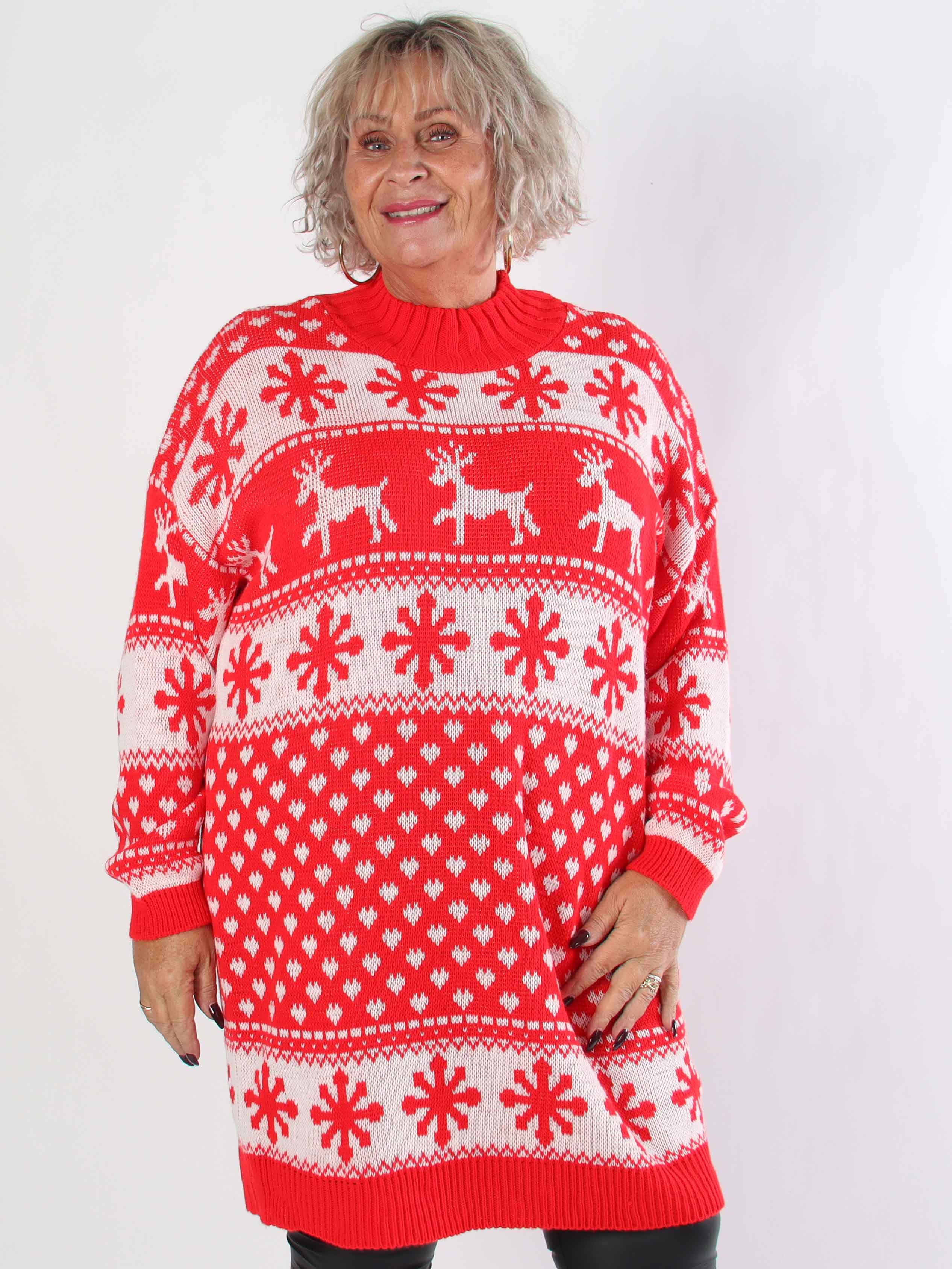 Elza - Stickad plus size julklänning med renar och snöflingor