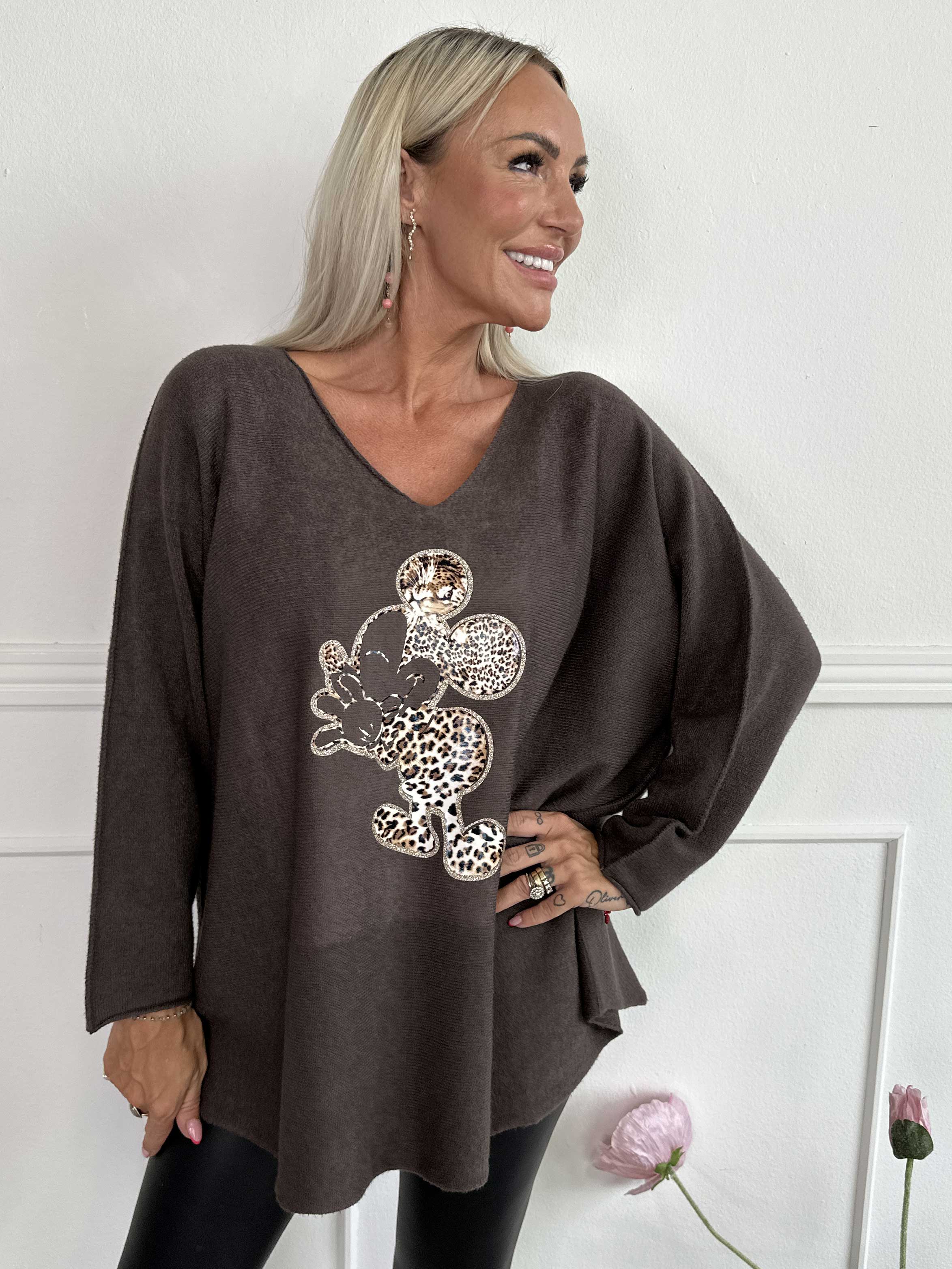 Mouse - Mjuk tröja med mickey tryck i leopardmönster