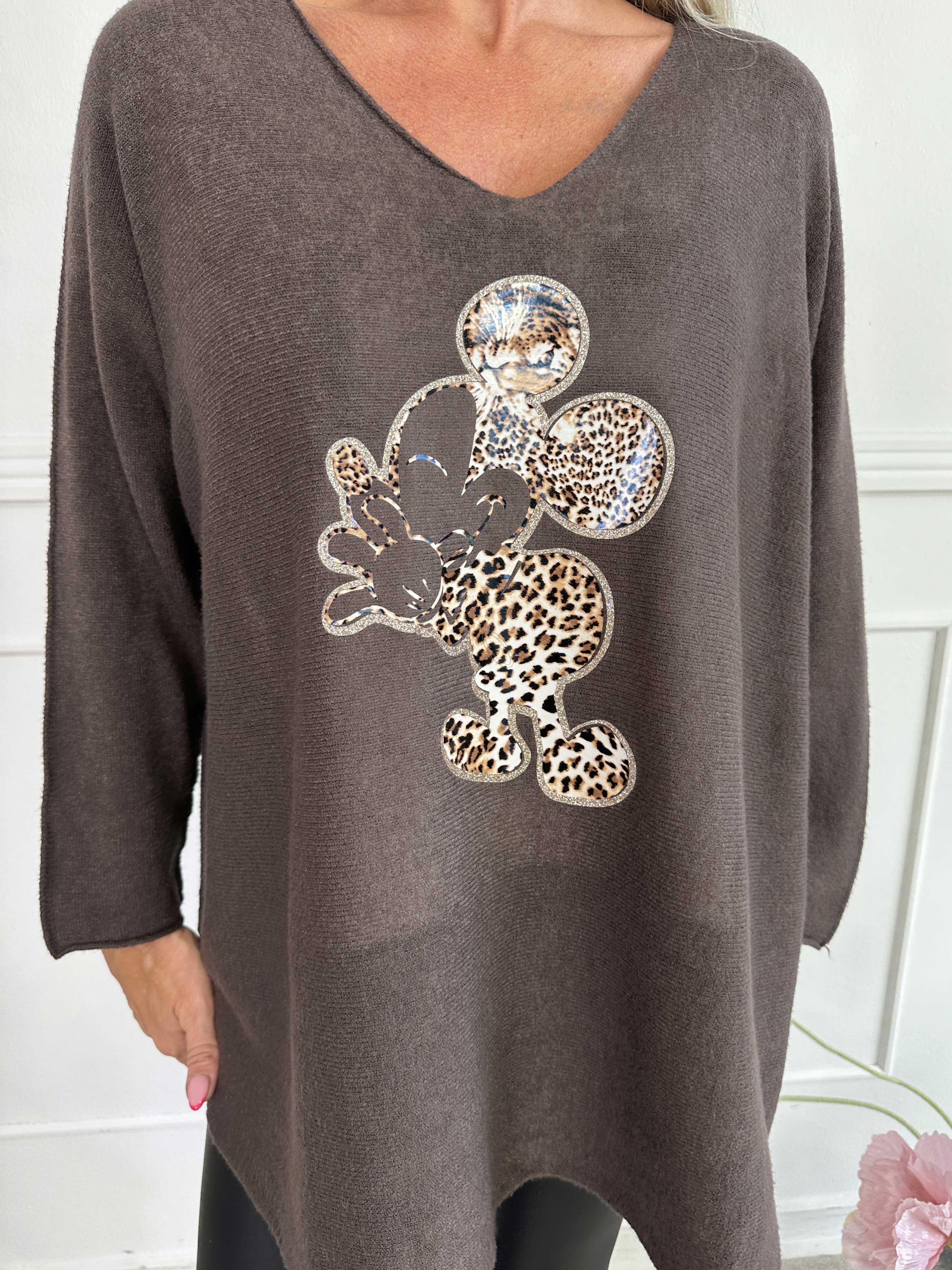 Mouse - Mjuk tröja med mickey tryck i leopardmönster