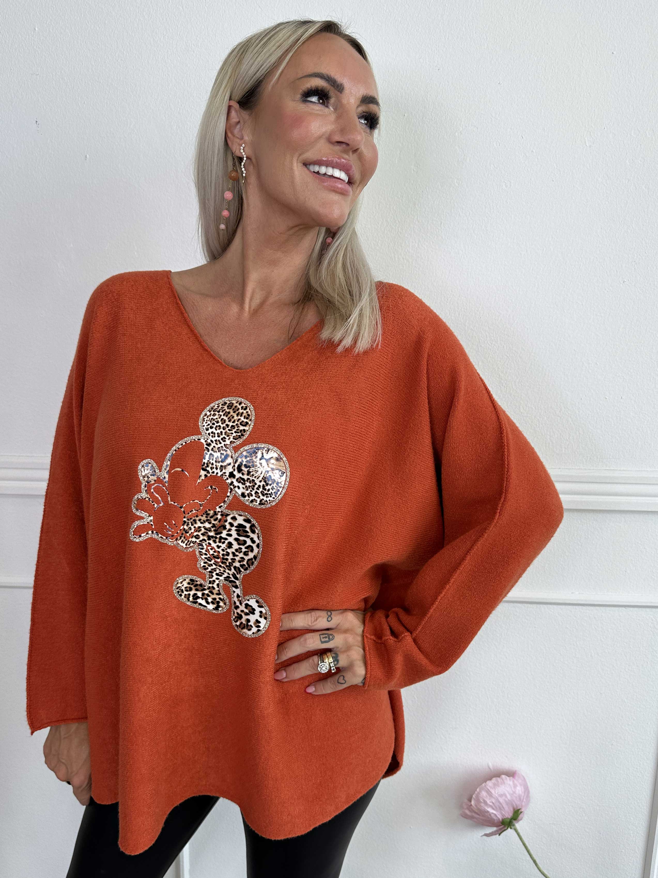 Mouse - Mjuk tröja med mickey tryck i leopardmönster