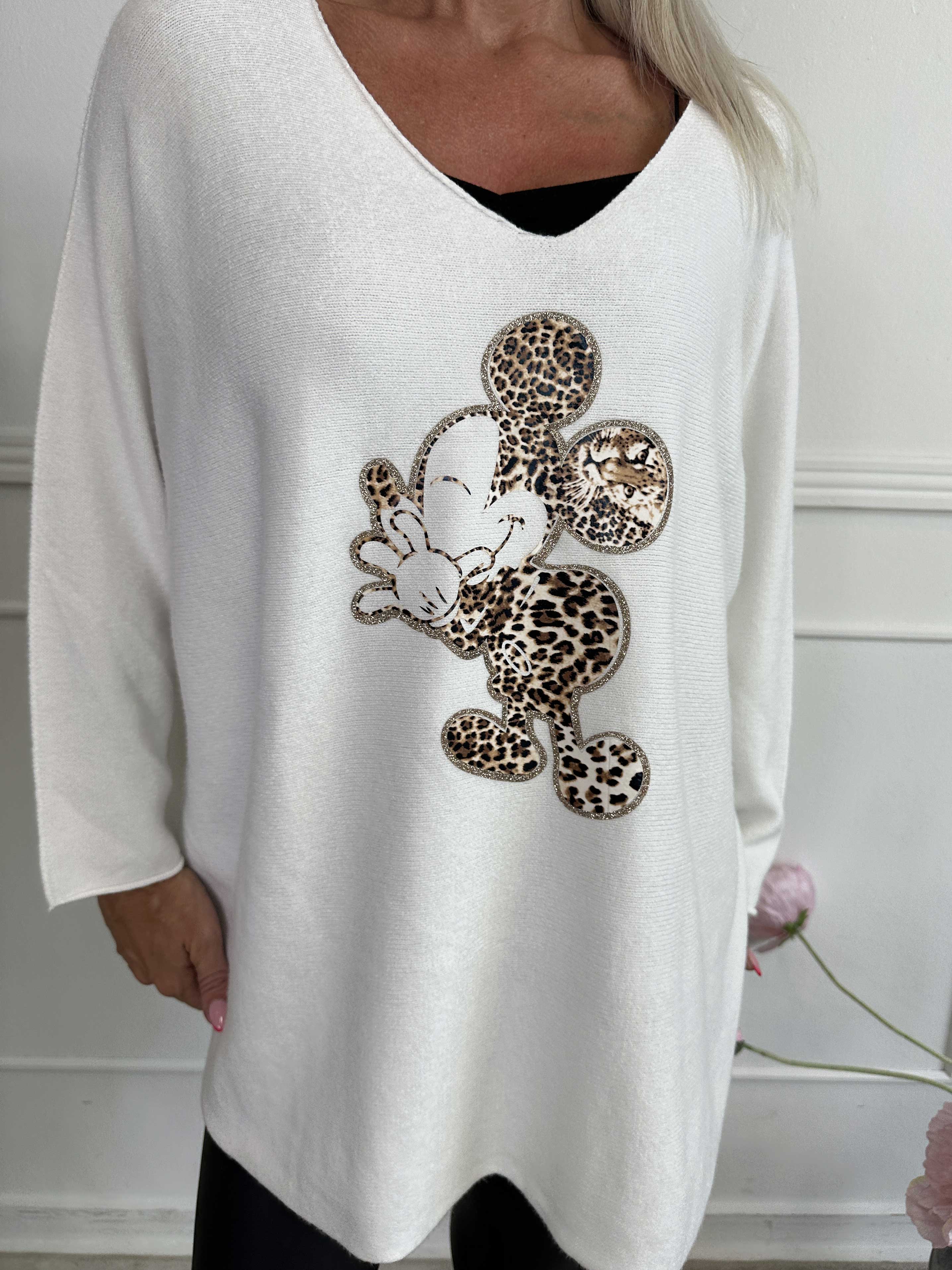 Mouse - Mjuk tröja med mickey tryck i leopardmönster