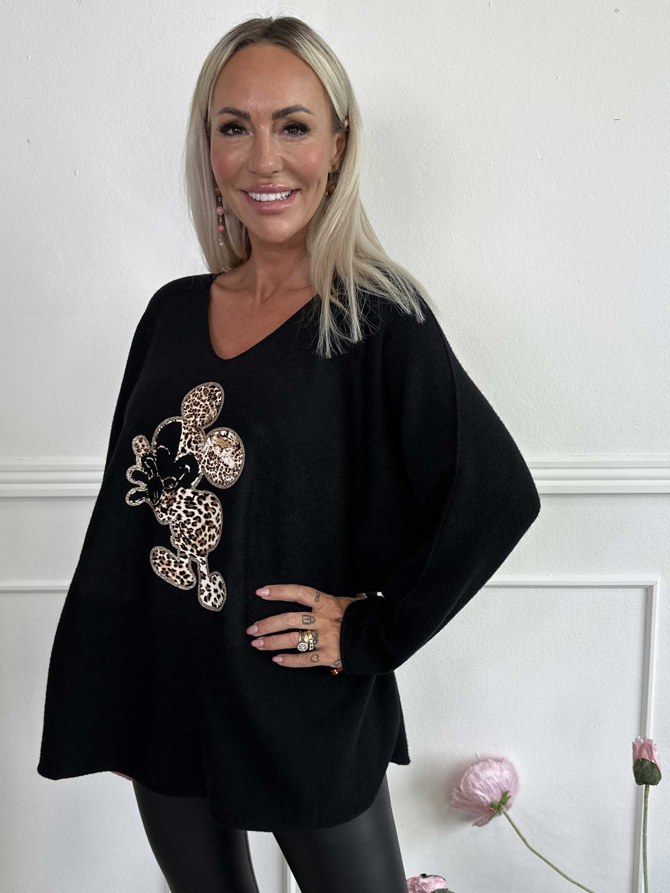 Mouse - Mjuk tröja med mickey tryck i leopardmönster