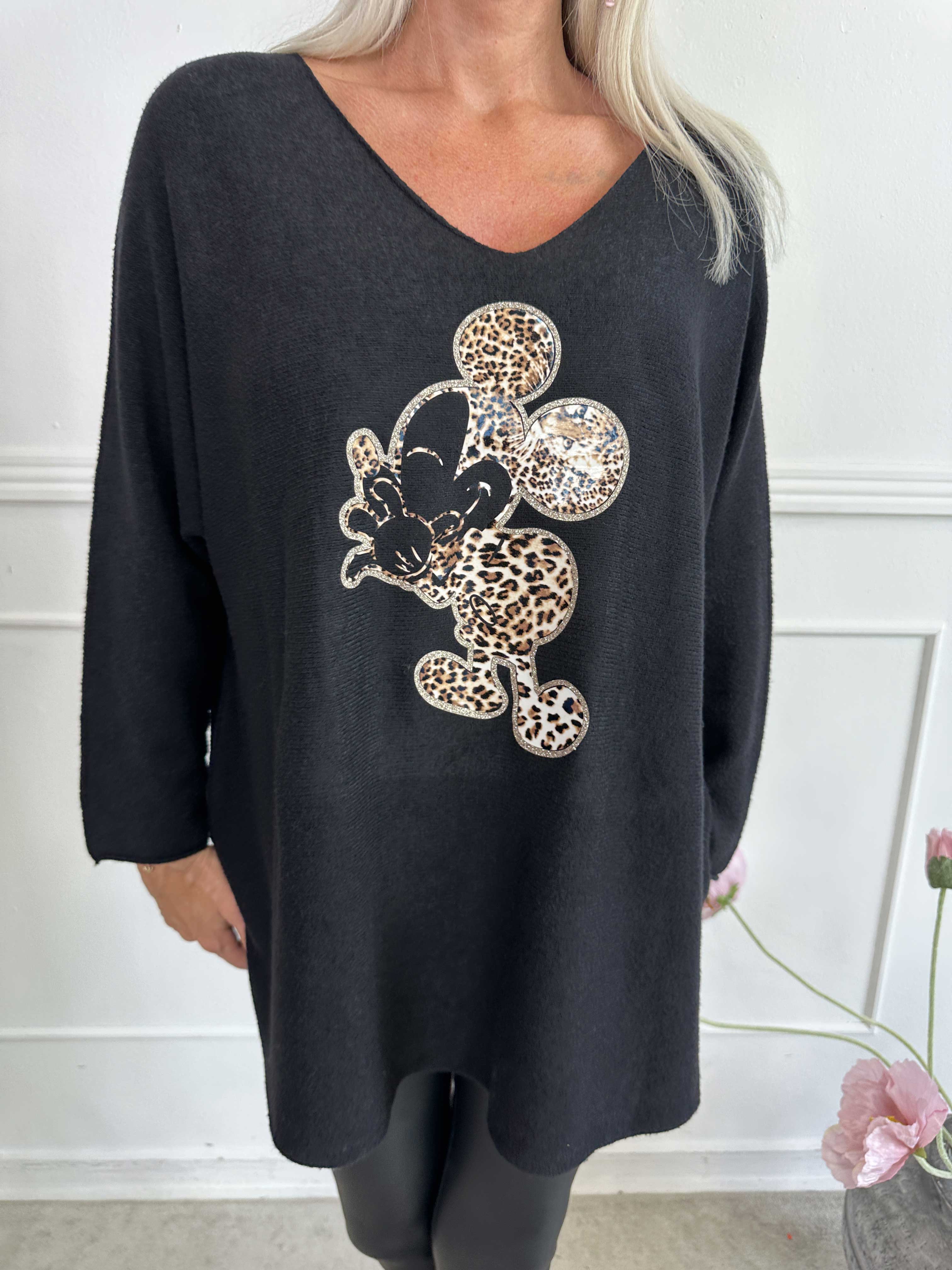 Mouse - Mjuk tröja med mickey tryck i leopardmönster