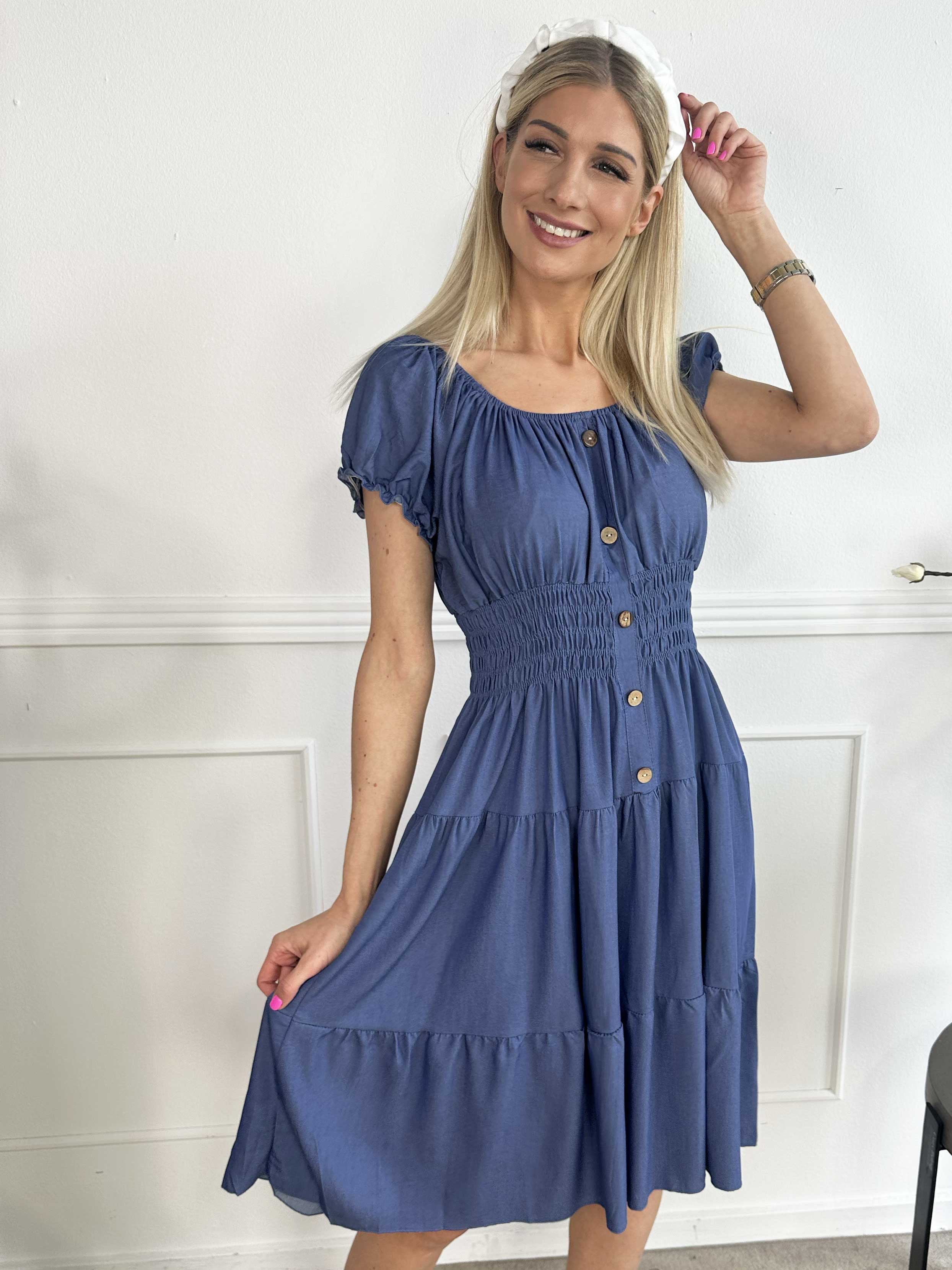 Alexina Short - Kort klänning i denimlook med resår i midjan