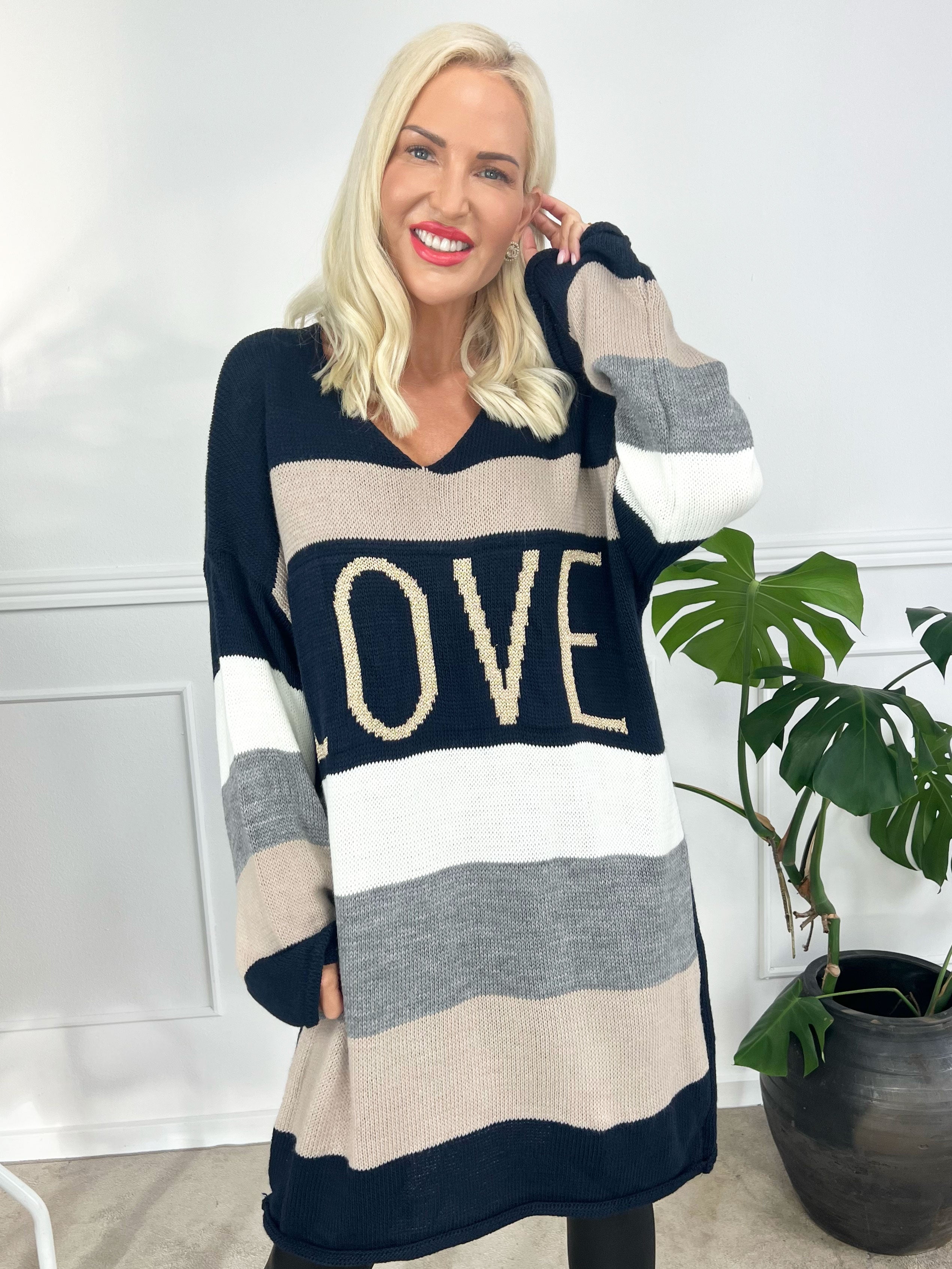 Love - Stickad klänning med breda ränder och text med glittertrådar