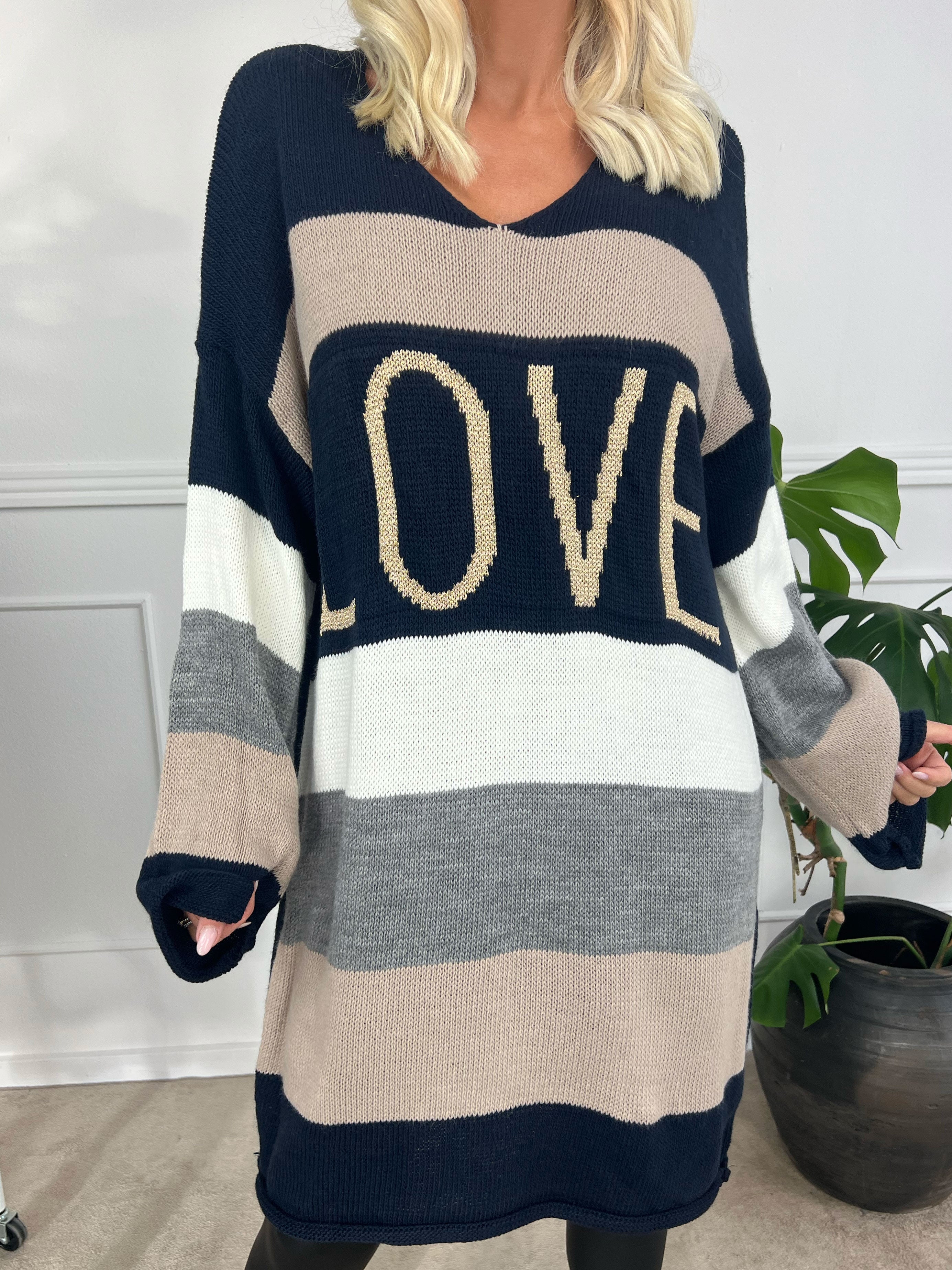 Love - Stickad klänning med breda ränder och text med glittertrådar