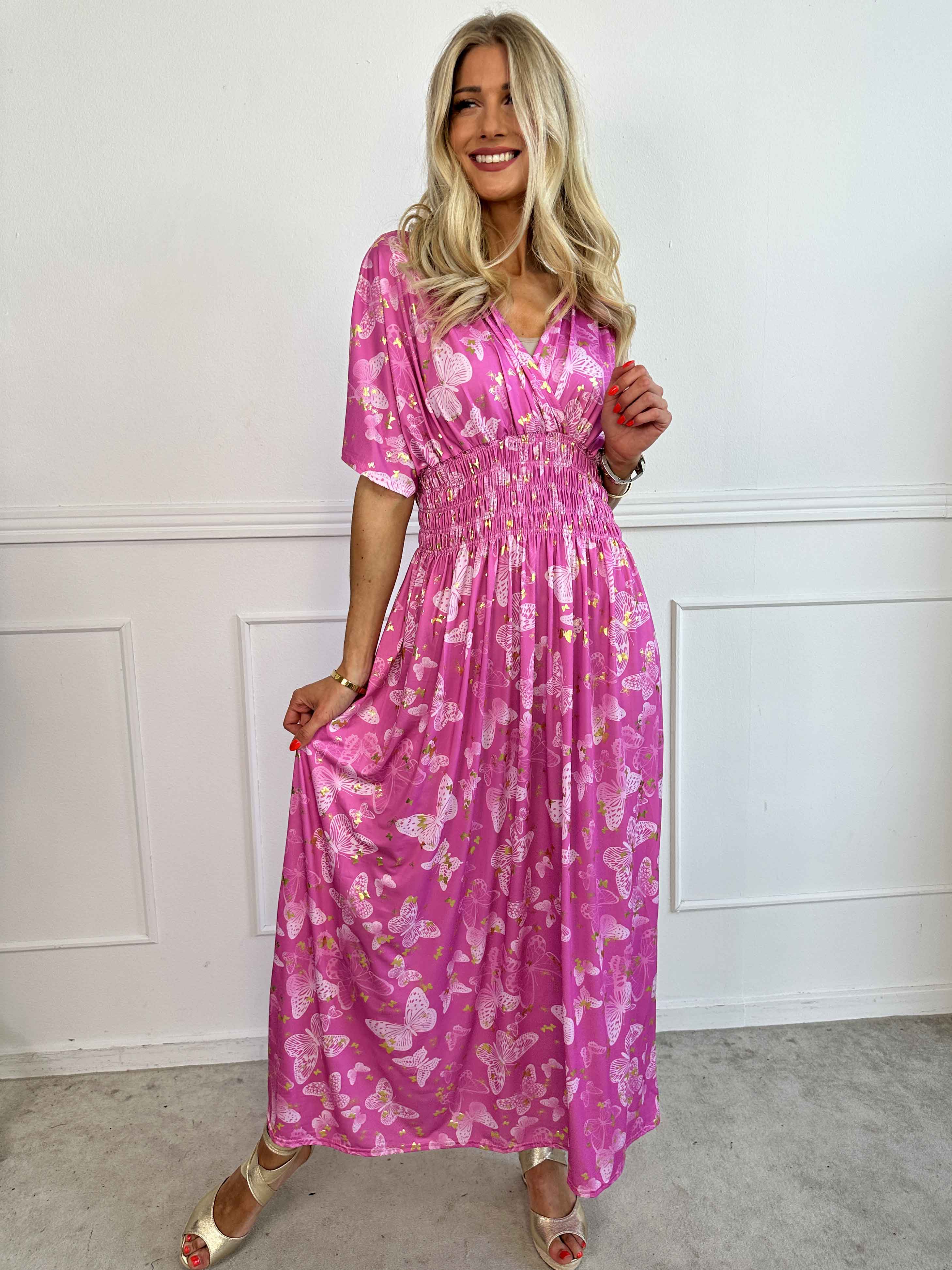 Pams Butterfly - Lång elastisk klänning med smockad midja