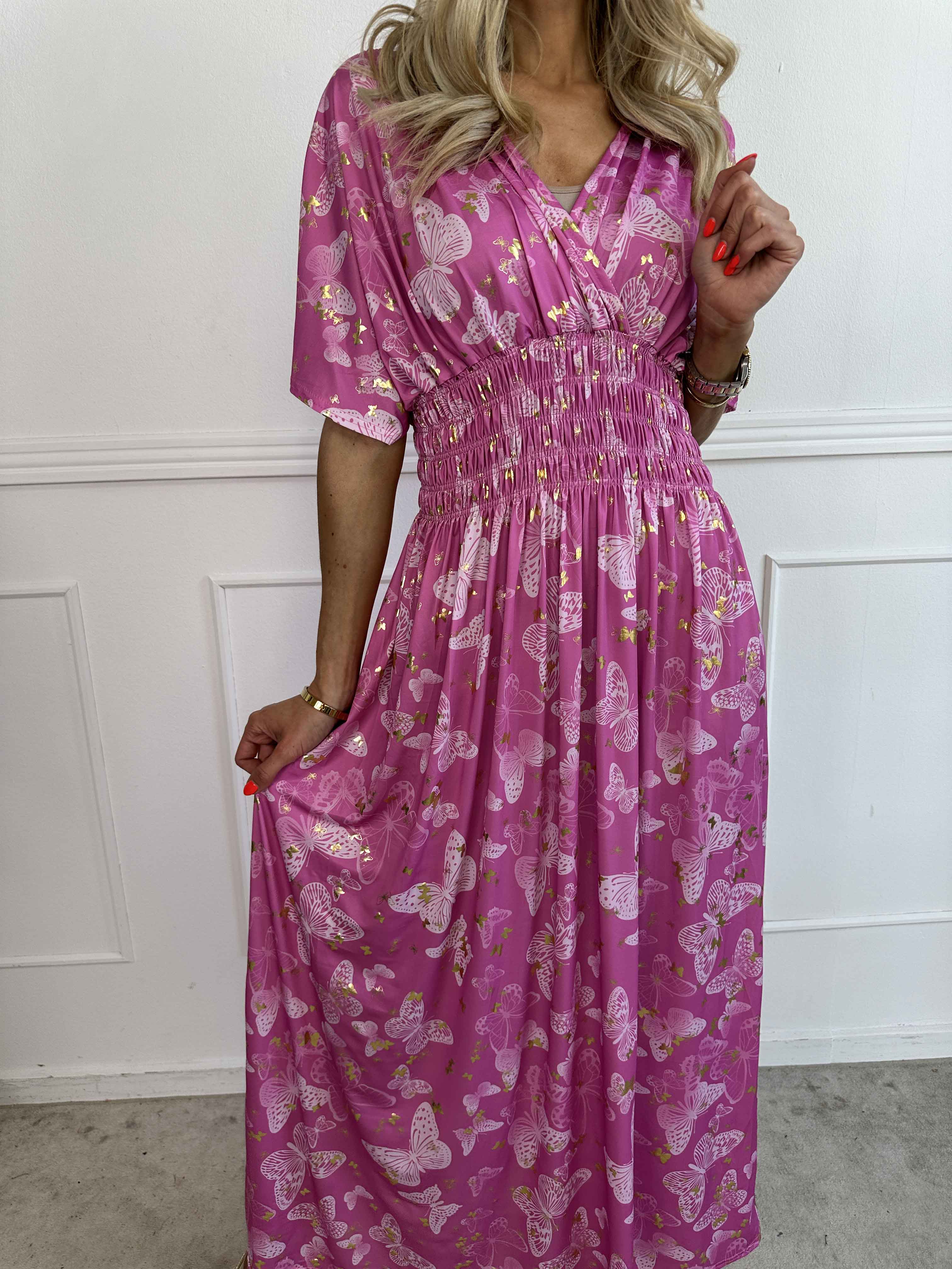 Pams Butterfly - Lång elastisk klänning med smockad midja