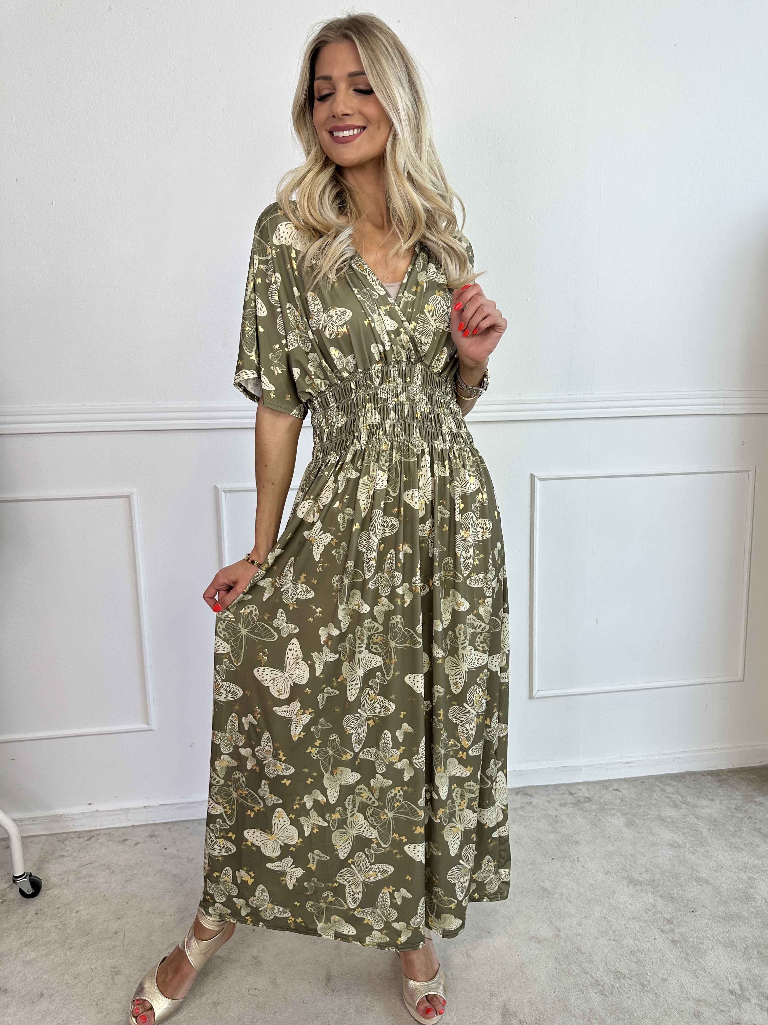 Pams Butterfly - Lång elastisk klänning med smockad midja