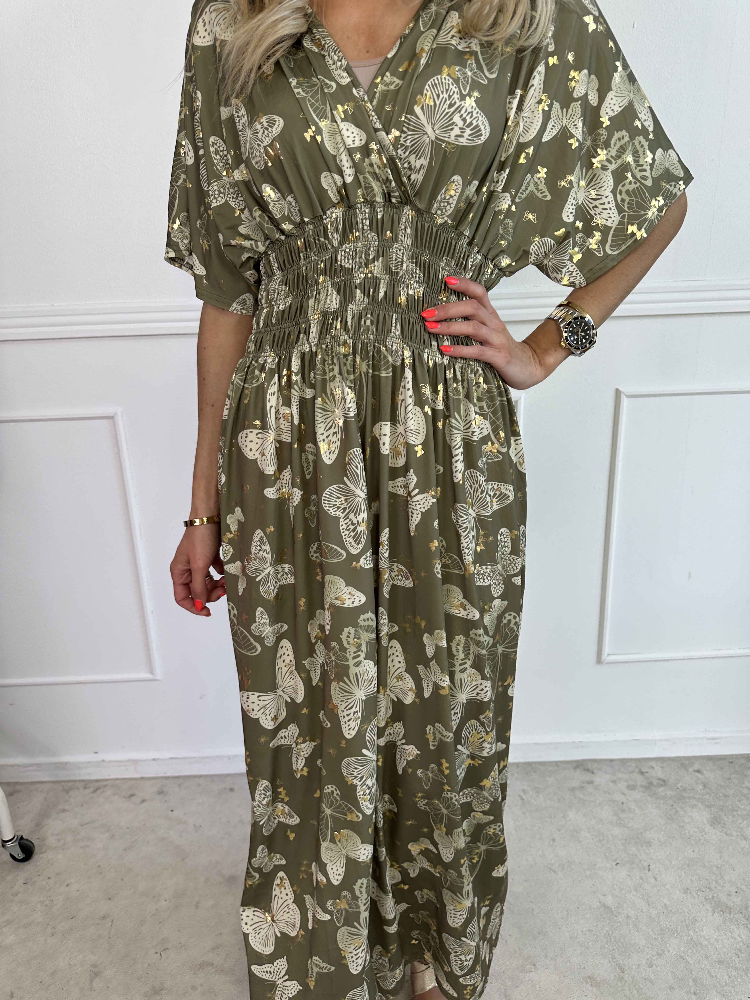 Pams Butterfly - Lång elastisk klänning med smockad midja