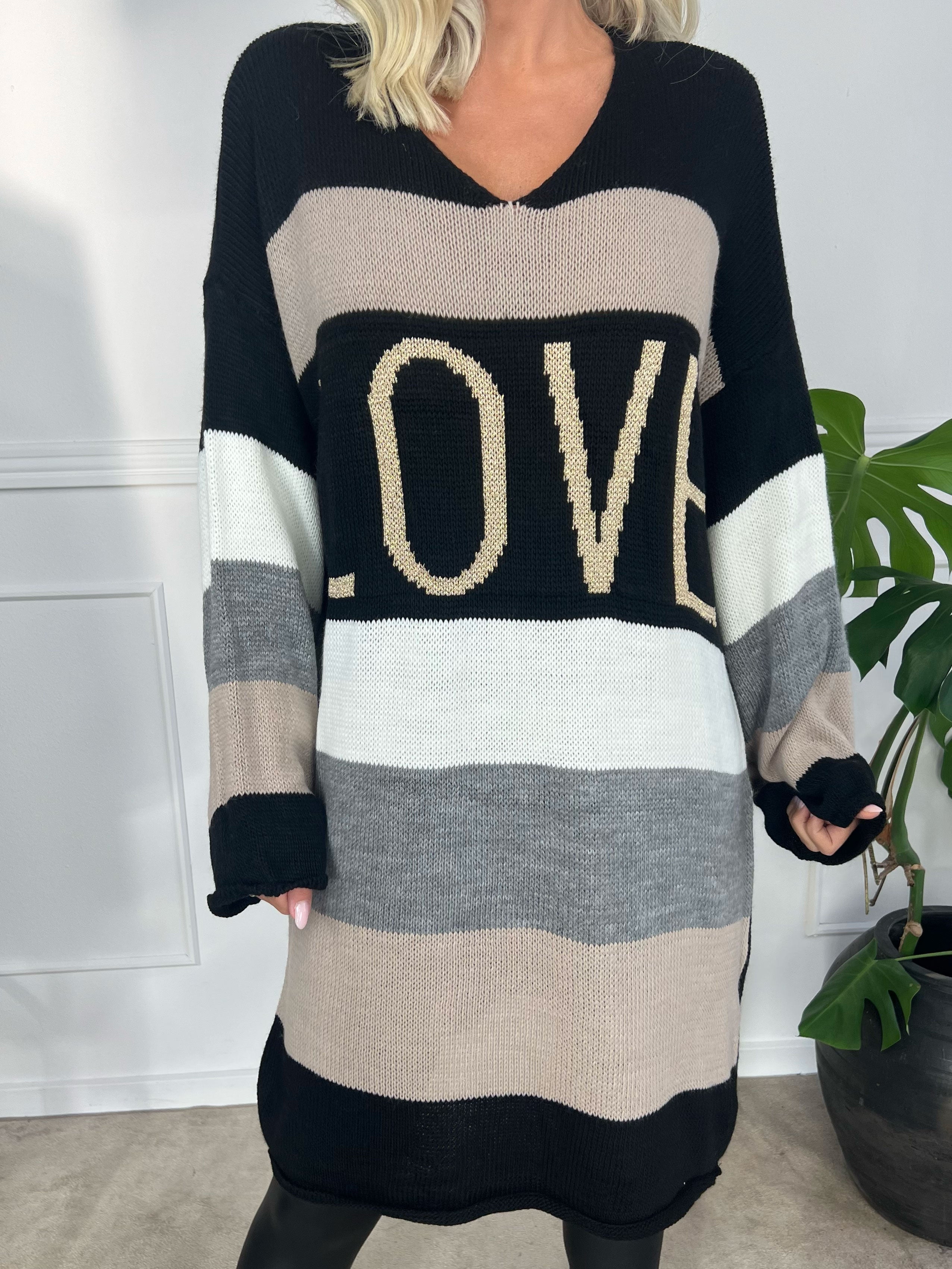 Love - Stickad klänning med breda ränder och text med glittertrådar