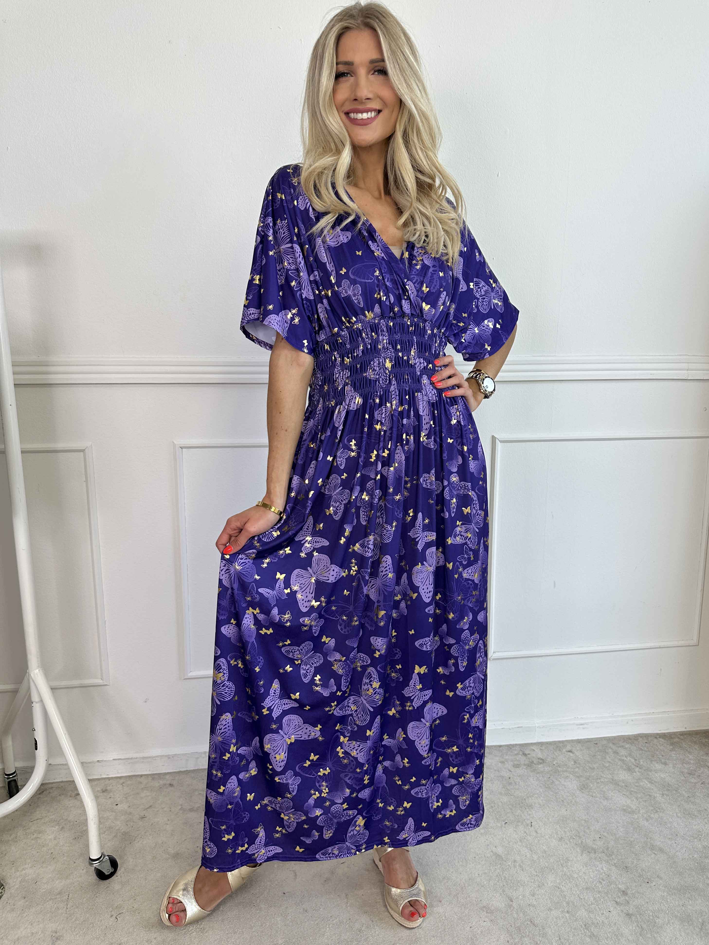 Pams Butterfly - Lång elastisk klänning med smockad midja