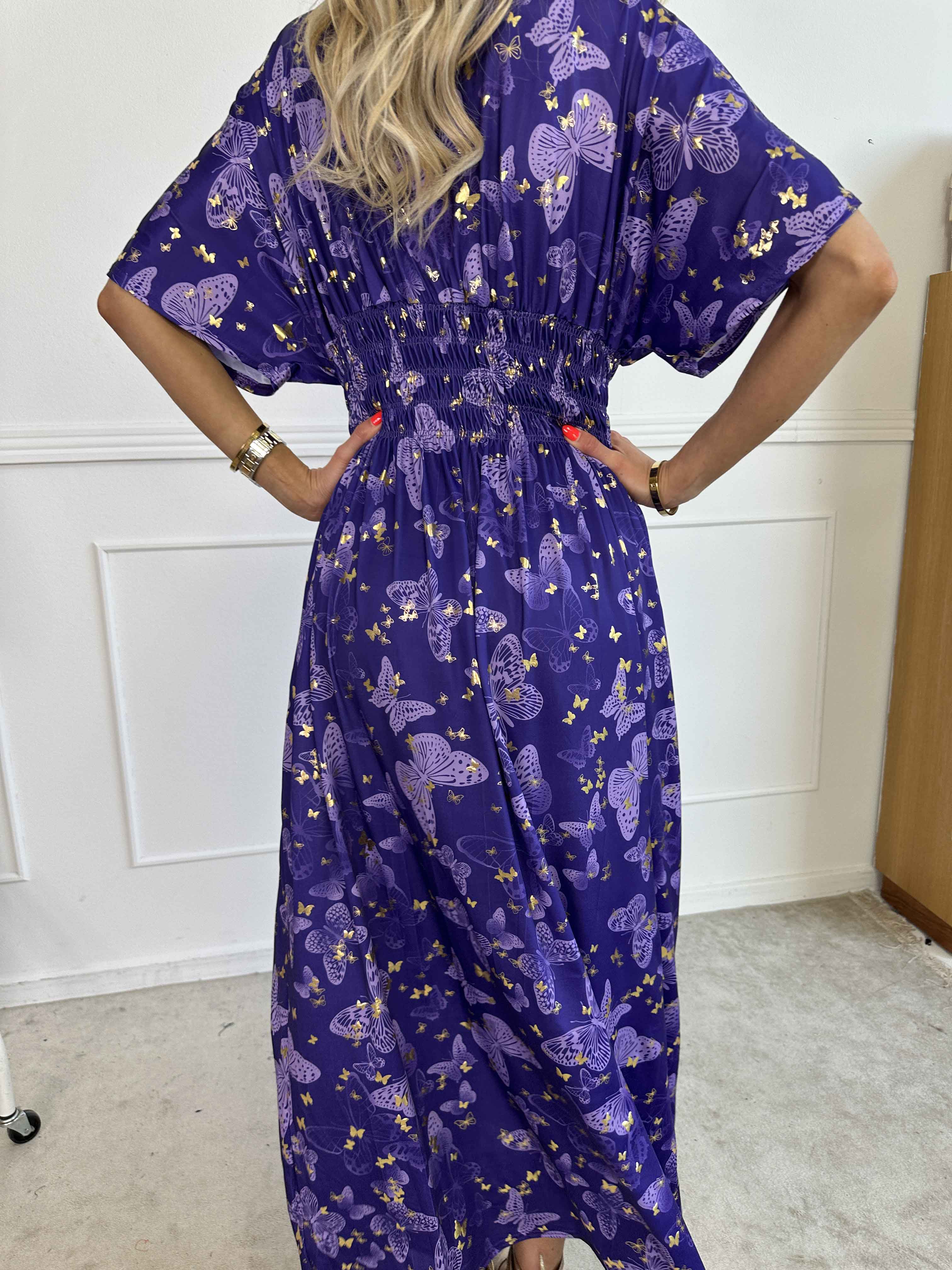 Pams Butterfly - Lång elastisk klänning med smockad midja