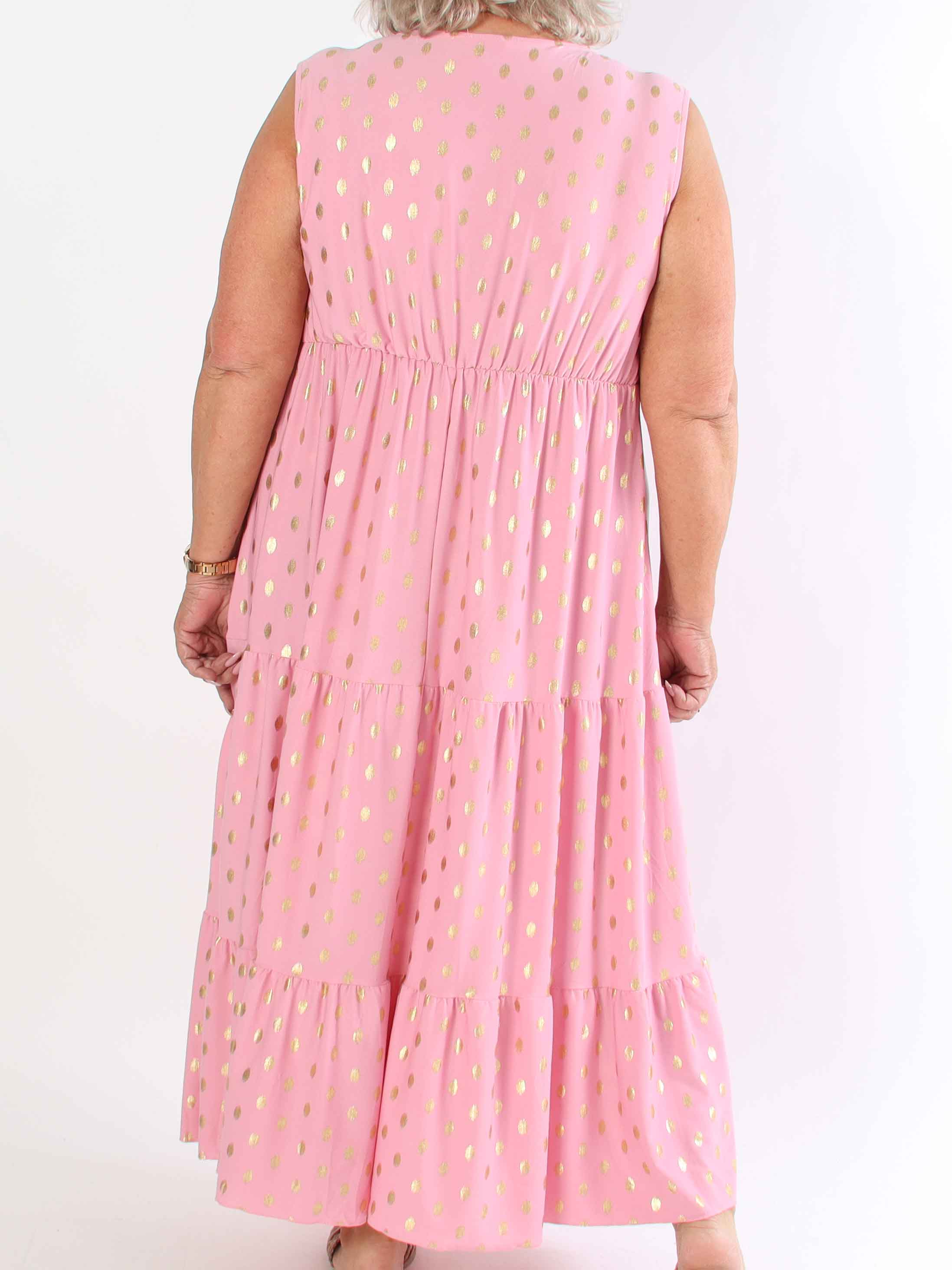 Karini Gold - Lång elastisk plus size klänning med prickar i guld