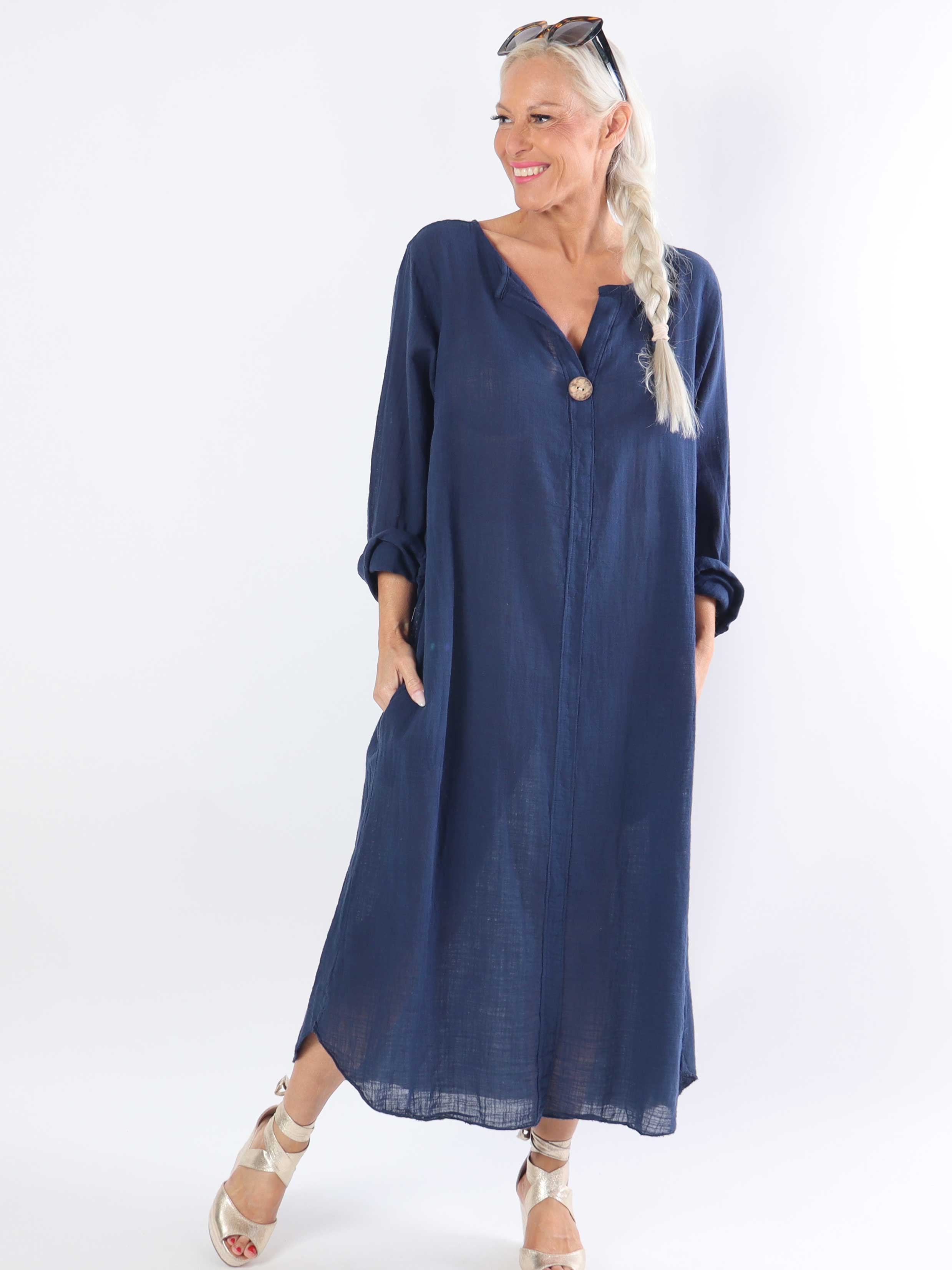 Arizona - Lång plus size-klänning i bomull med linne-liknande tyg