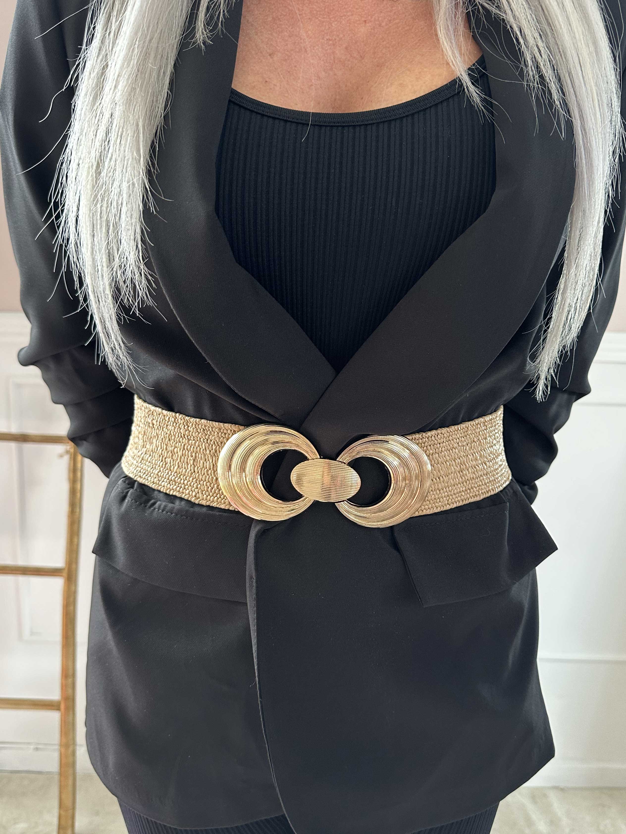 Aziza - Elastiskt midjebälte i flätat tyg med guldfärgat spänne