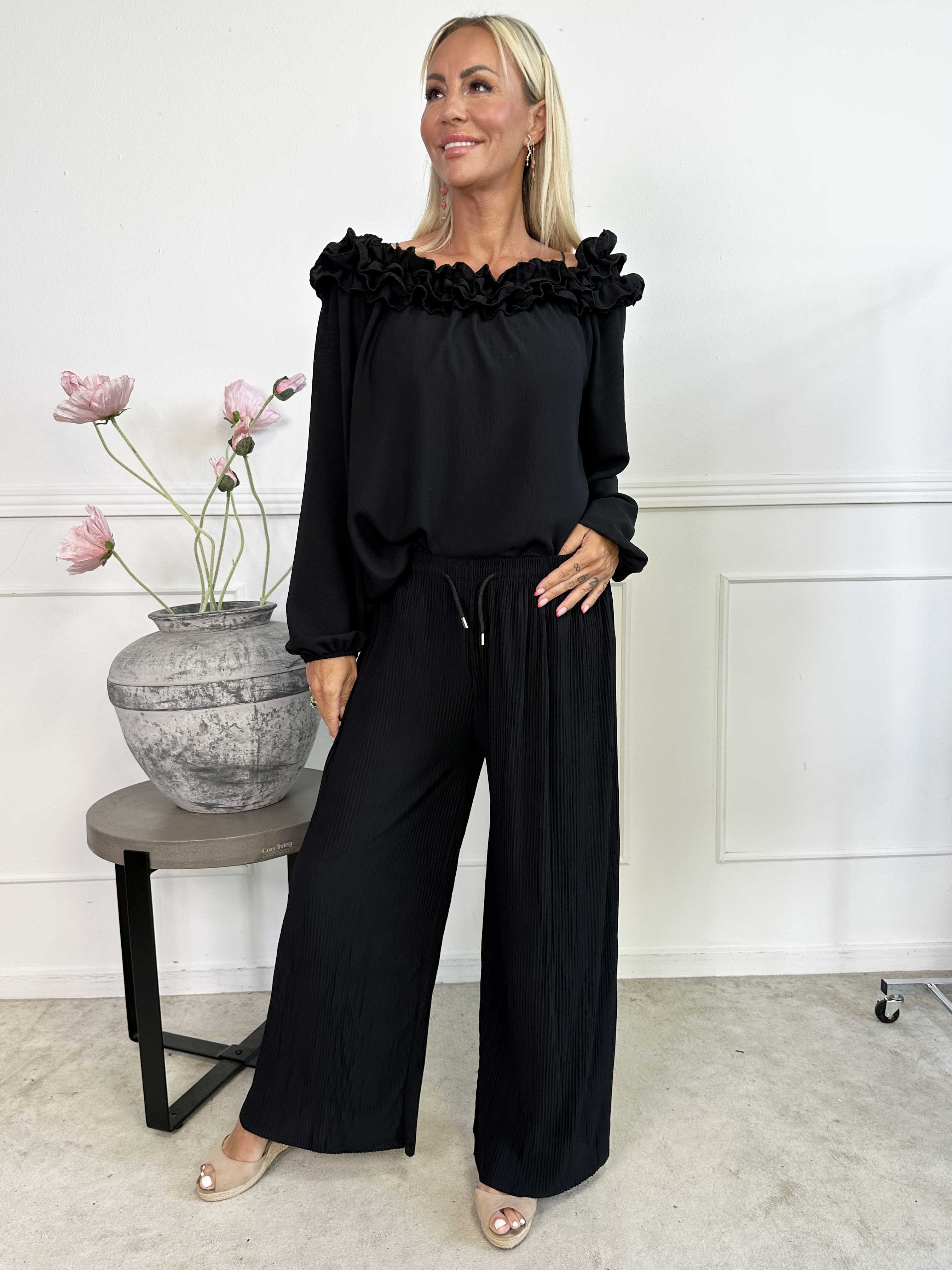 Angeline - Lösa plisserade byxor med resår i midjan