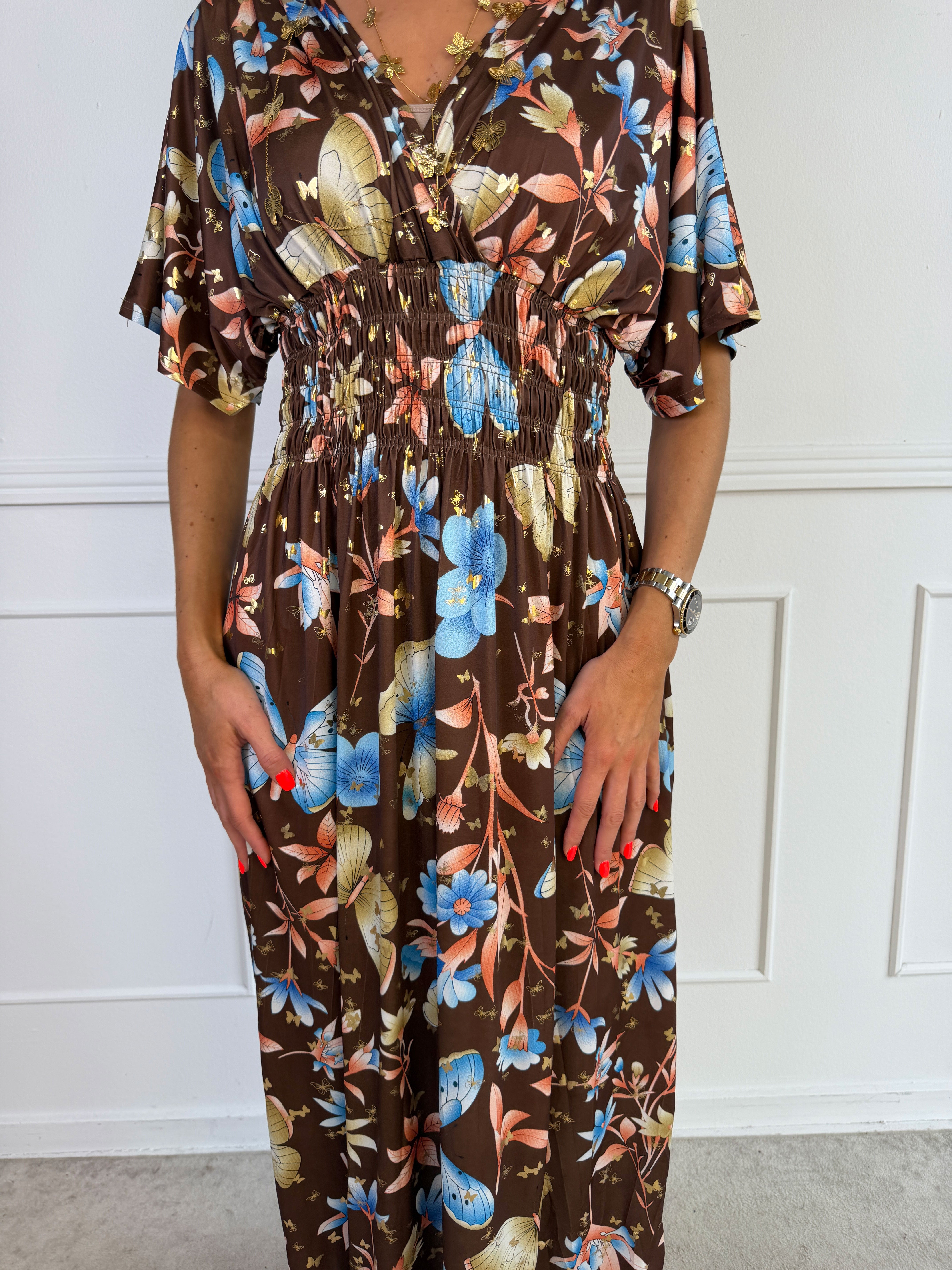 Pams Fairytale - Lång stretchig klänning i fint blom- och fjärilstryck