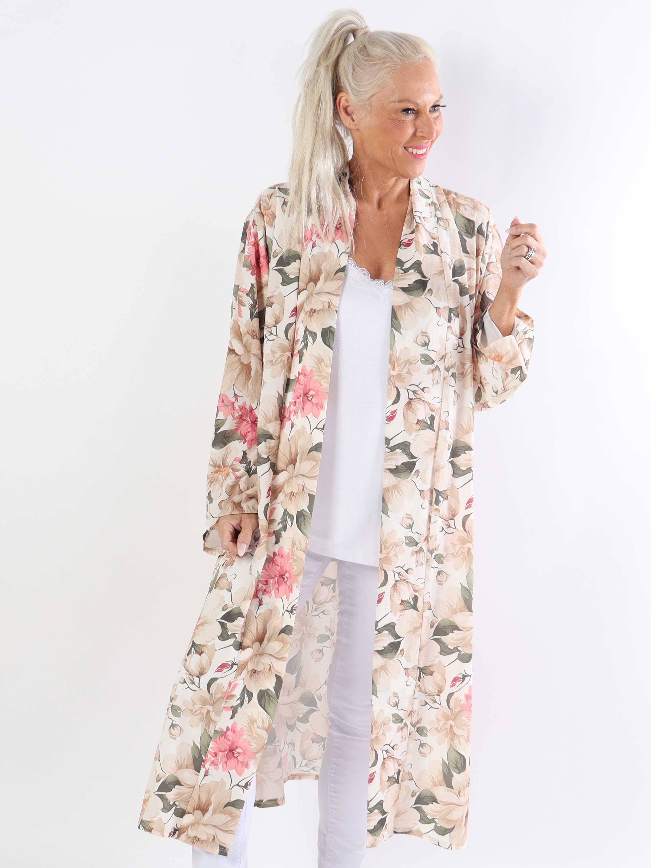 Flower Kimono - Söt lång plus size kimono med blomtryck