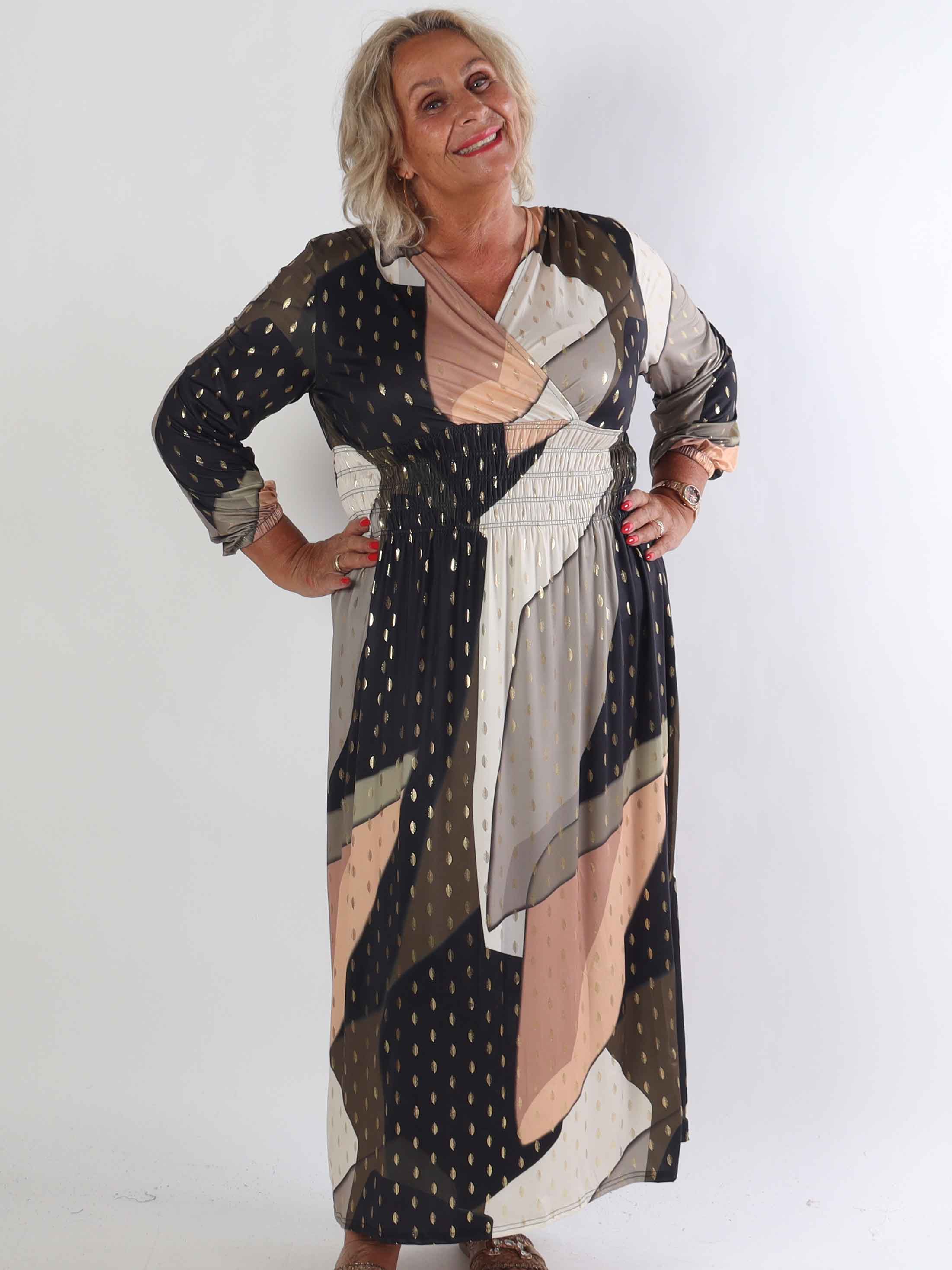 Pams Abstract L/S - Elastisk flerfärgad plus size klänning med gulddetaljer