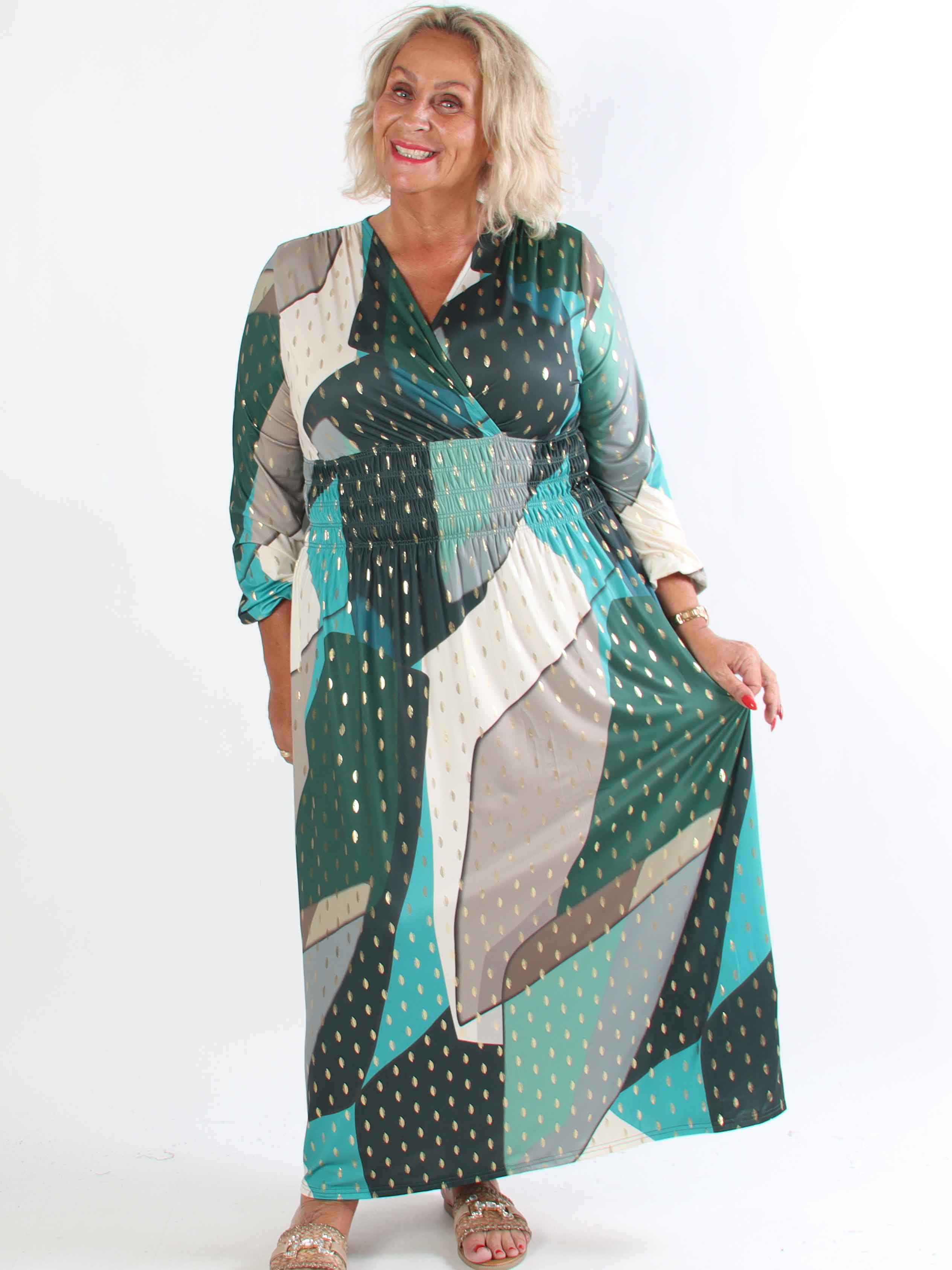 Pams Abstract L/S - Elastisk flerfärgad plus size klänning med gulddetaljer