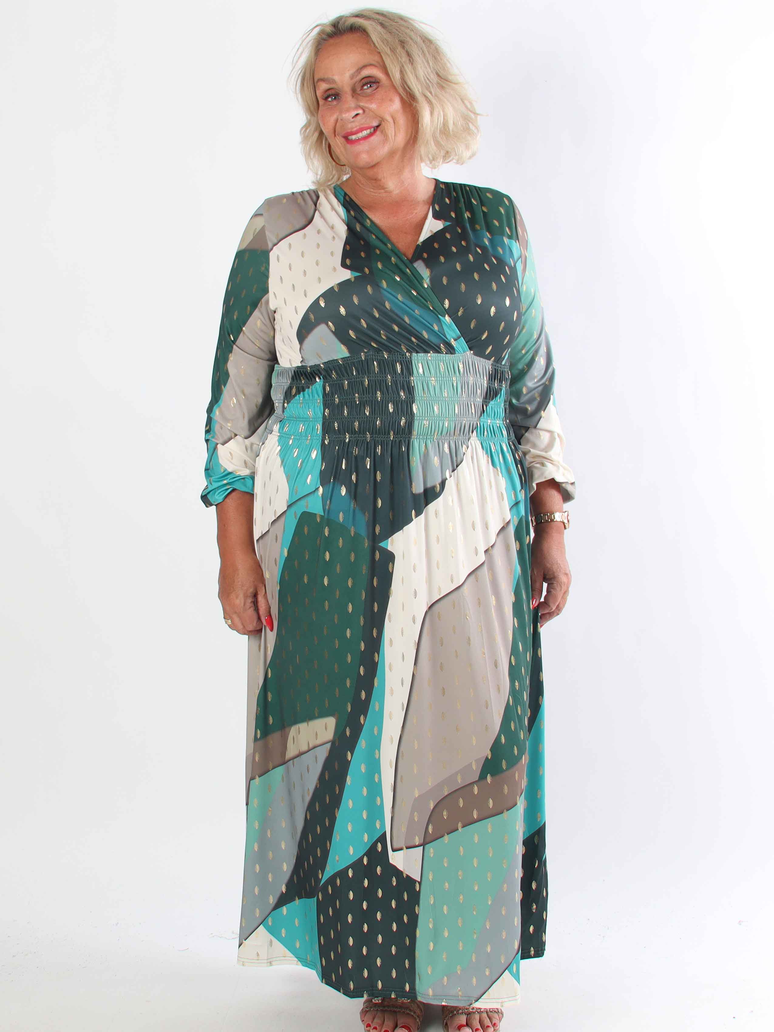 Pams Abstract L/S - Elastisk flerfärgad plus size klänning med gulddetaljer