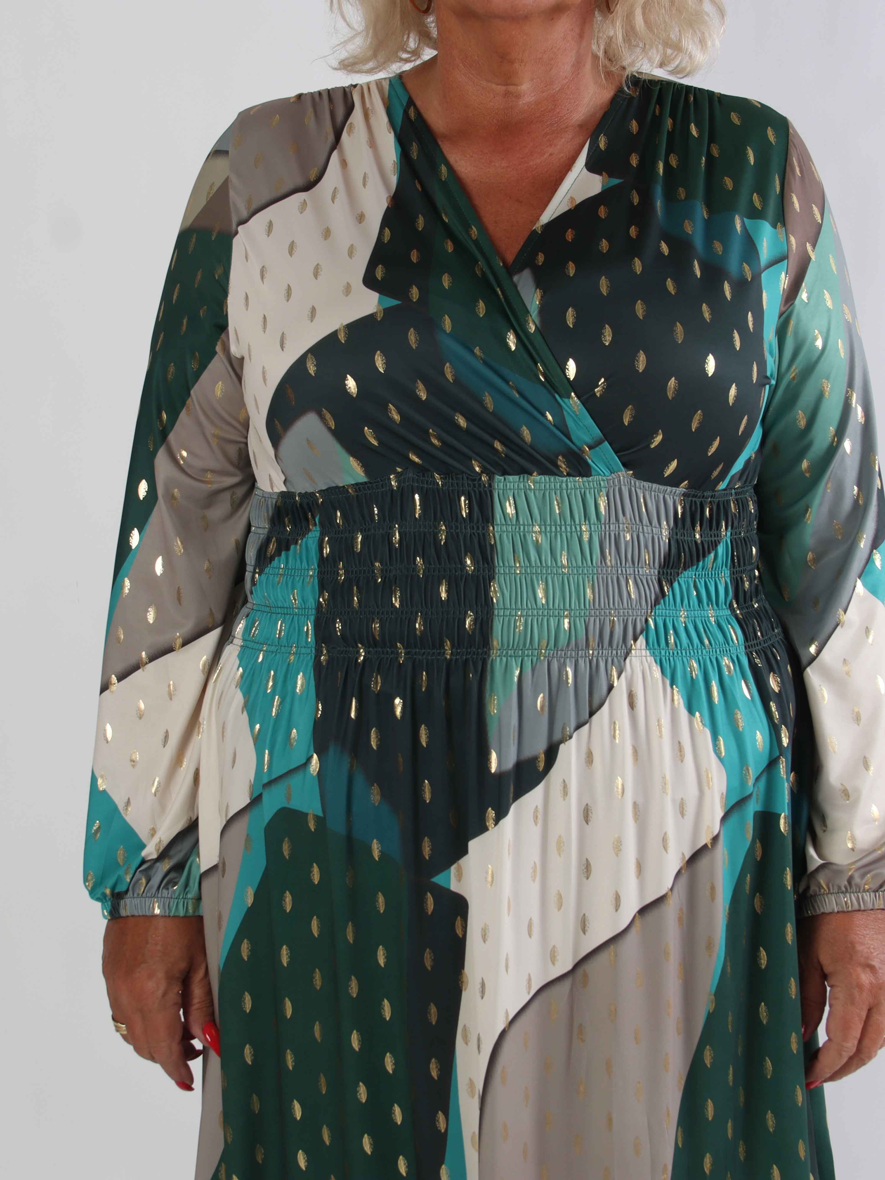 Pams Abstract L/S - Elastisk flerfärgad plus size klänning med gulddetaljer