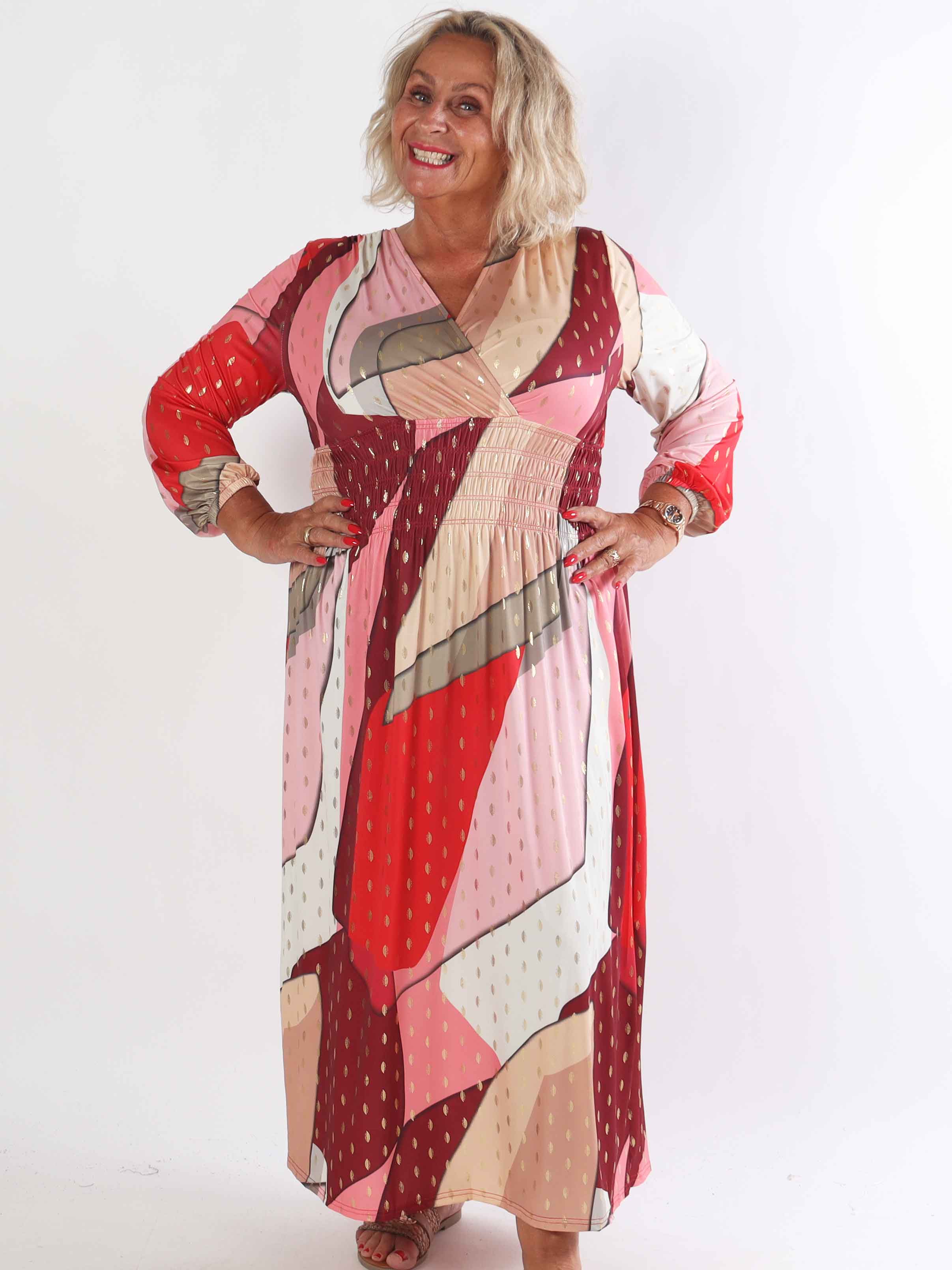 Pams Abstract L/S - Elastisk flerfärgad plus size klänning med gulddetaljer