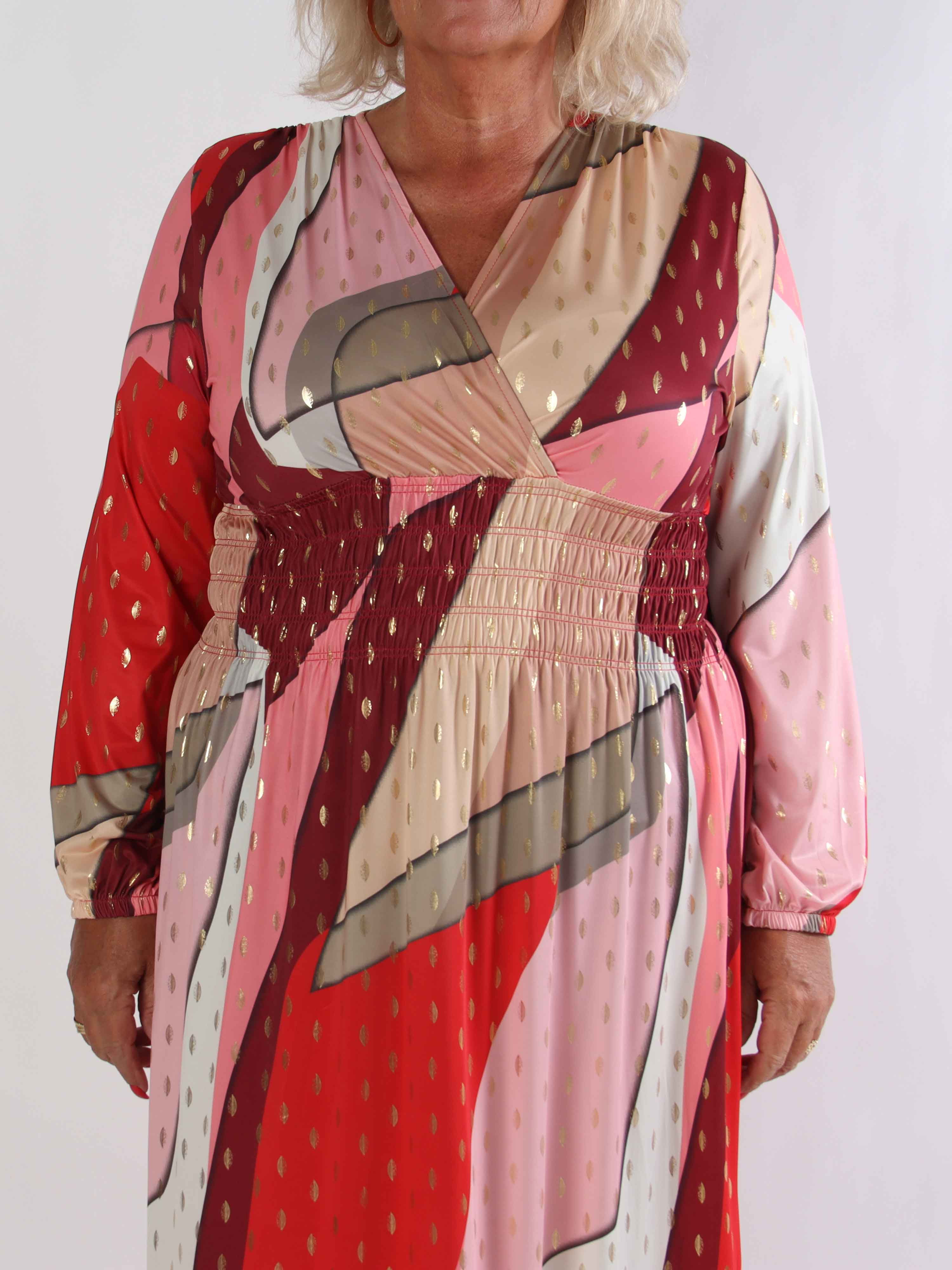 Pams Abstract L/S - Elastisk flerfärgad plus size klänning med gulddetaljer