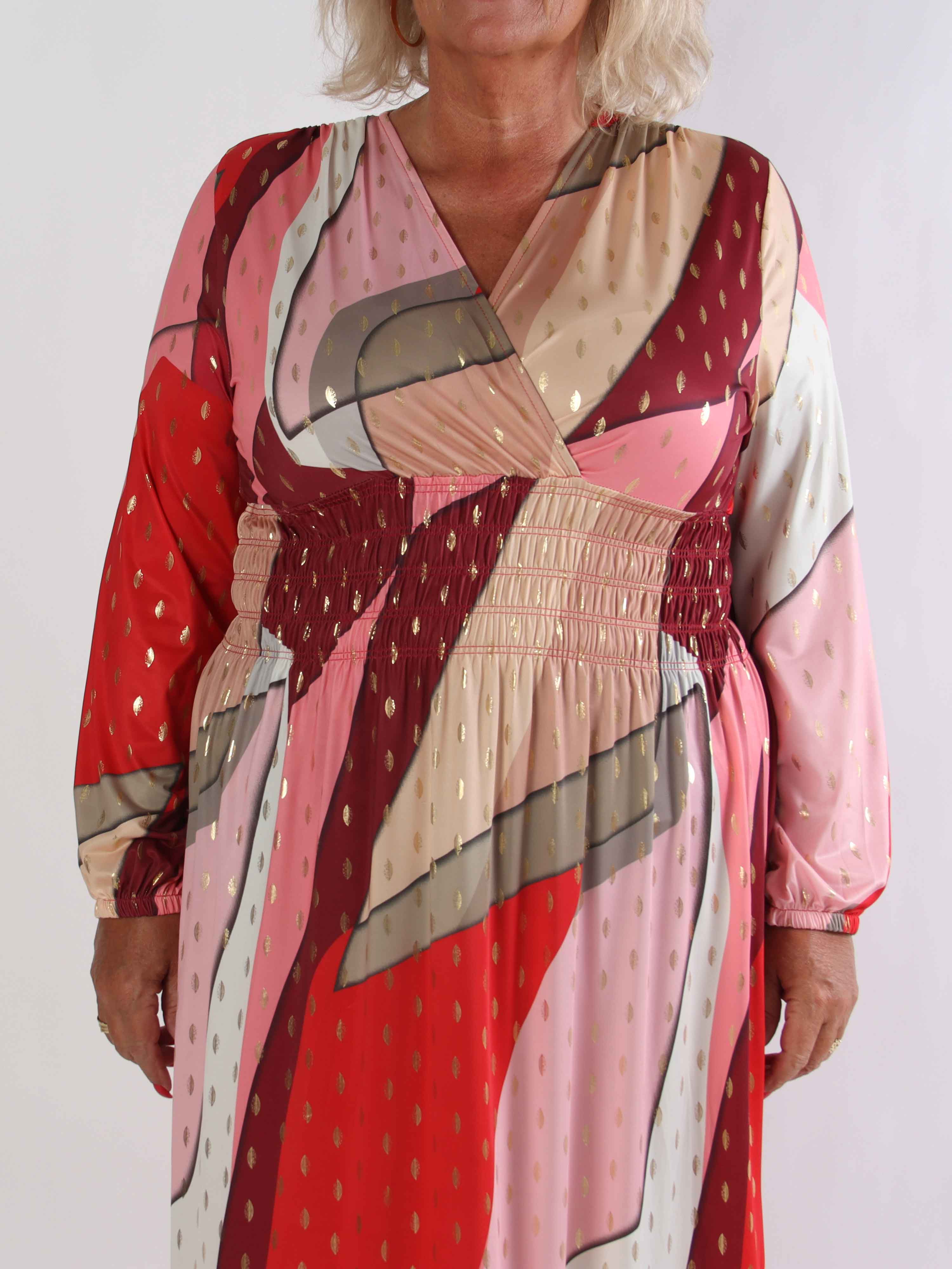 Pams Abstract L/S - Elastisk flerfärgad plus size klänning med gulddetaljer