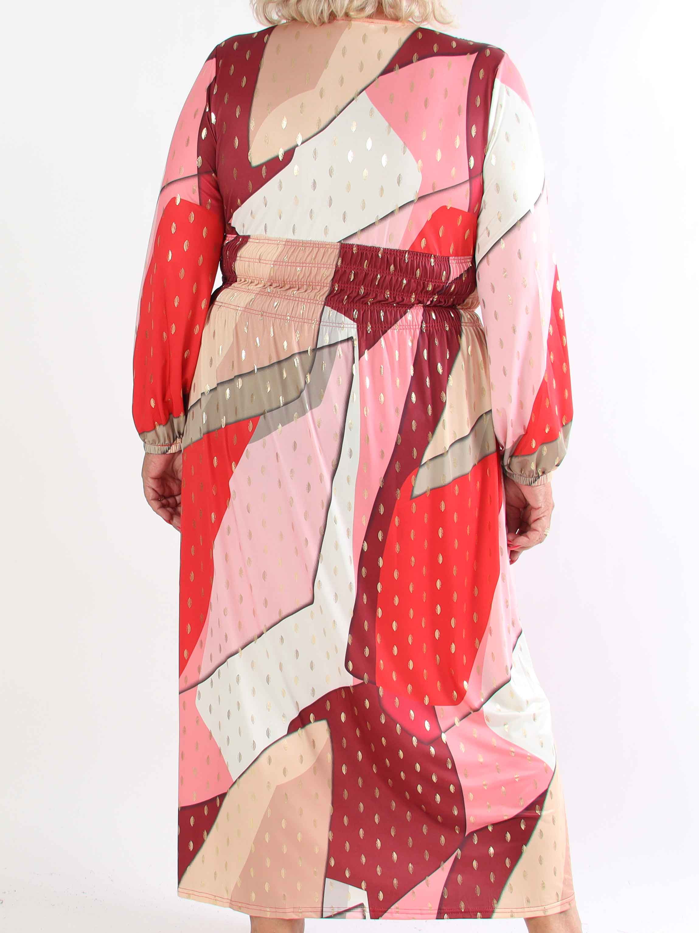 Pams Abstract L/S - Elastisk flerfärgad plus size klänning med gulddetaljer