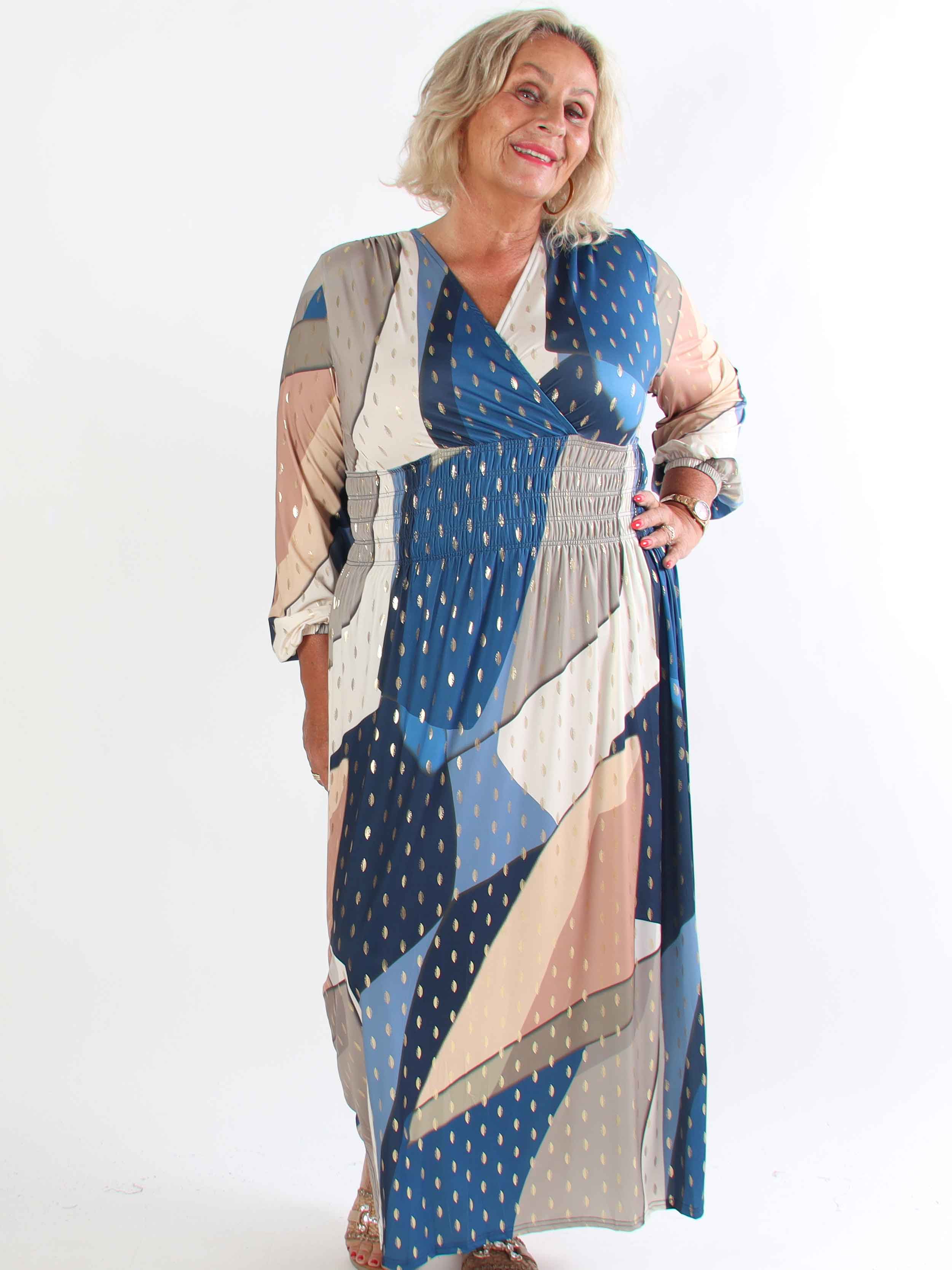 Pams Abstract L/S - Elastisk flerfärgad plus size klänning med gulddetaljer