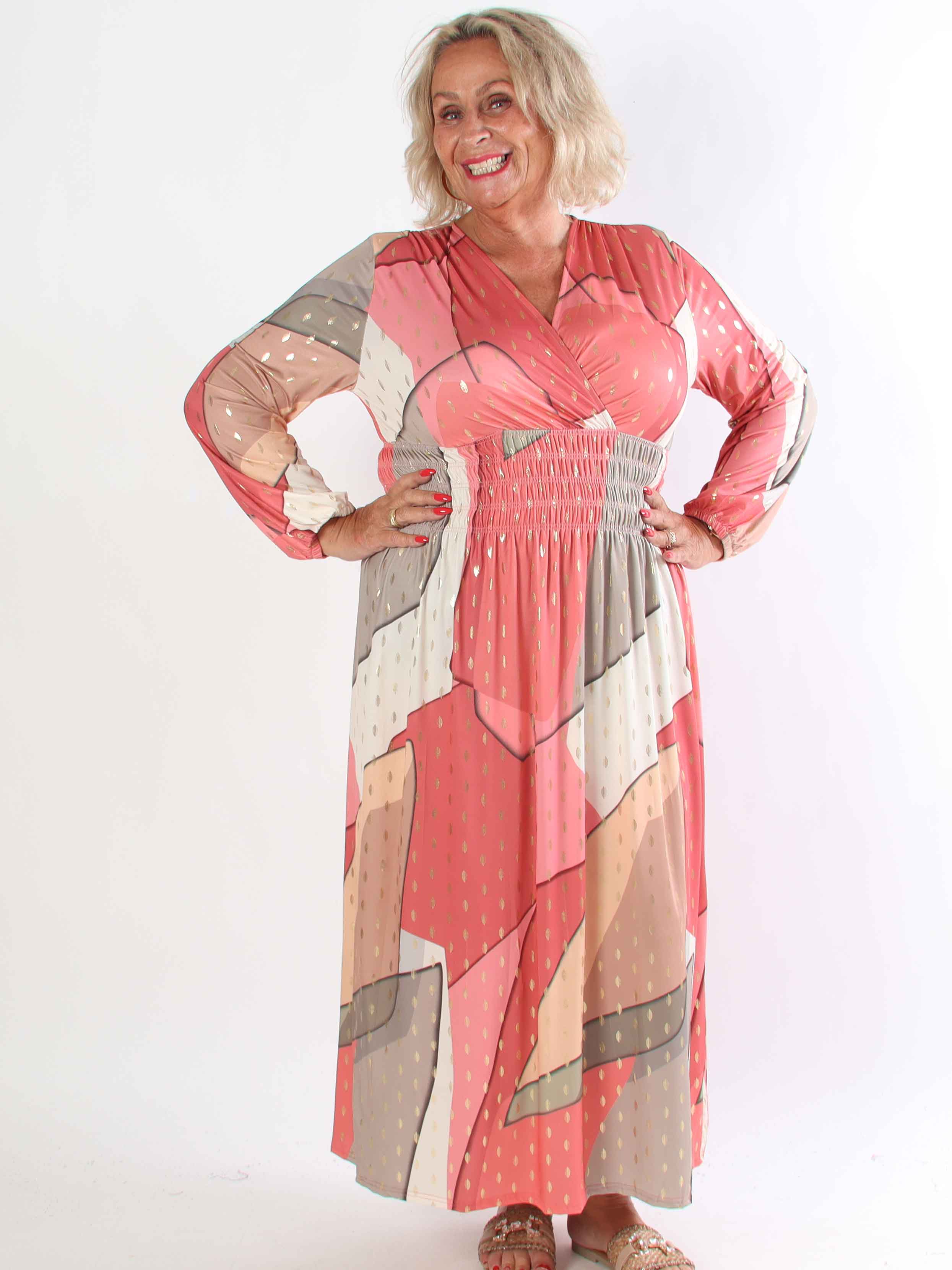 Pams Abstract L/S - Elastisk flerfärgad plus size klänning med gulddetaljer