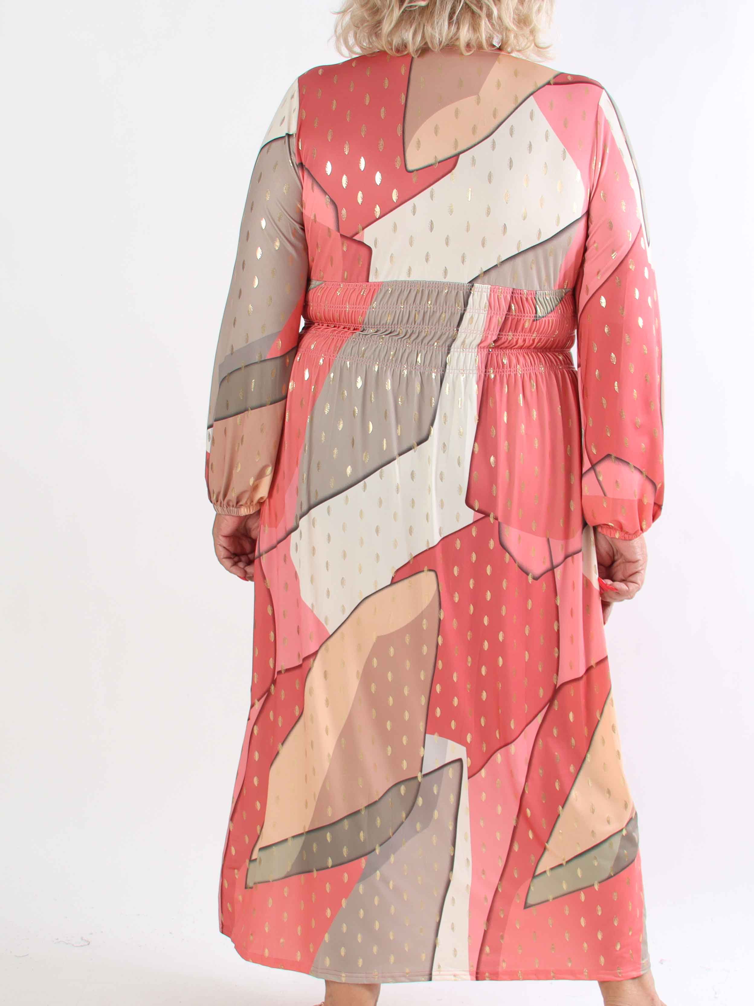 Pams Abstract L/S - Elastisk flerfärgad plus size klänning med gulddetaljer