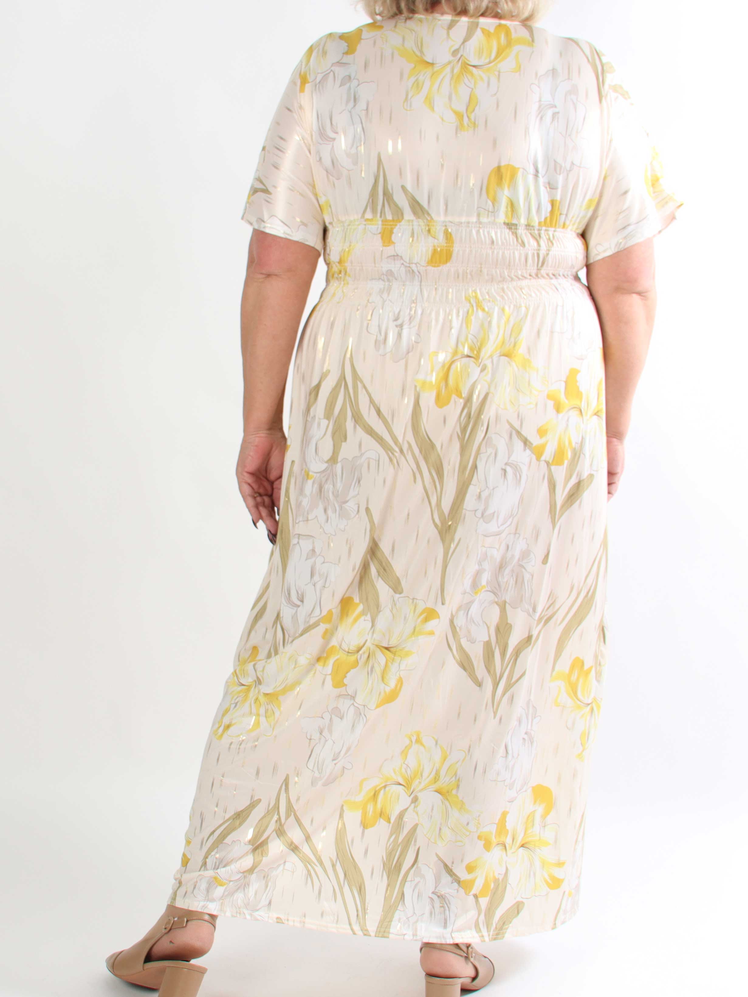 Pams Kvitka - Lång blommig plus size klänning med gulddetaljer och fickor