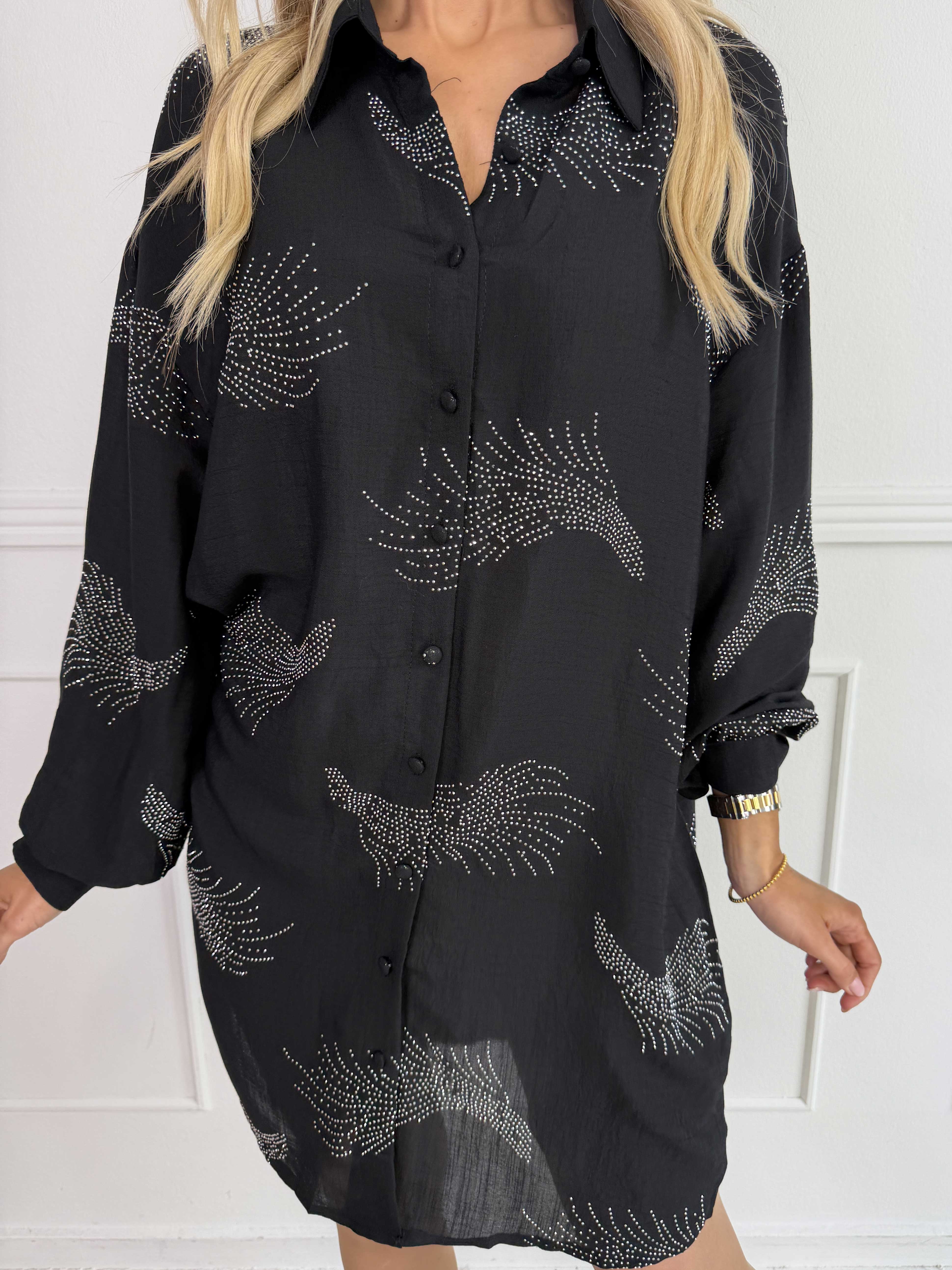 Heidy Long - Plus size skjortklänning med fina strass och pärlbroderad manschett