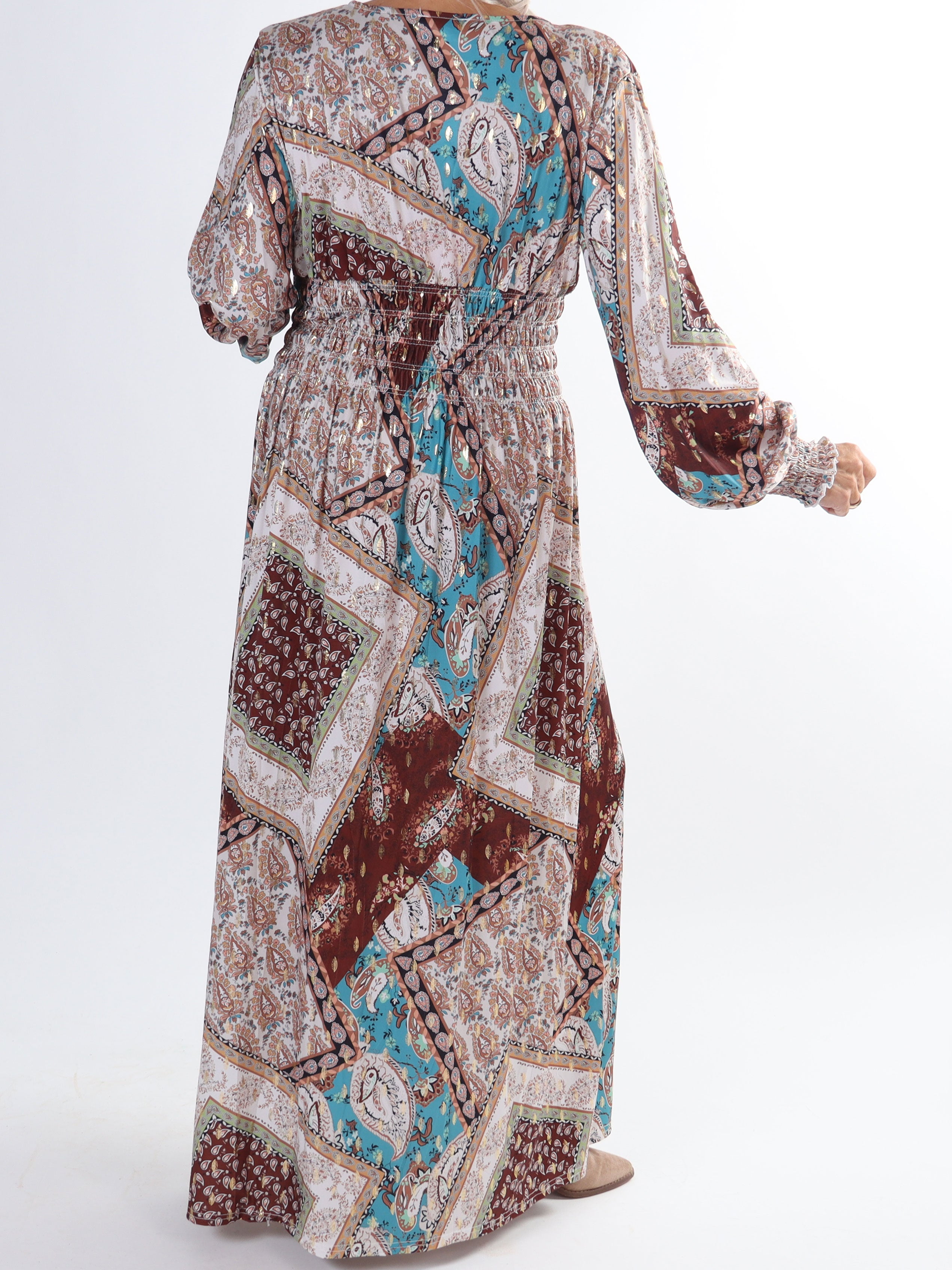 Pams Paisley L/S - Plus size elastisk klänning i skrynkelfritt tyg med långa ärmar