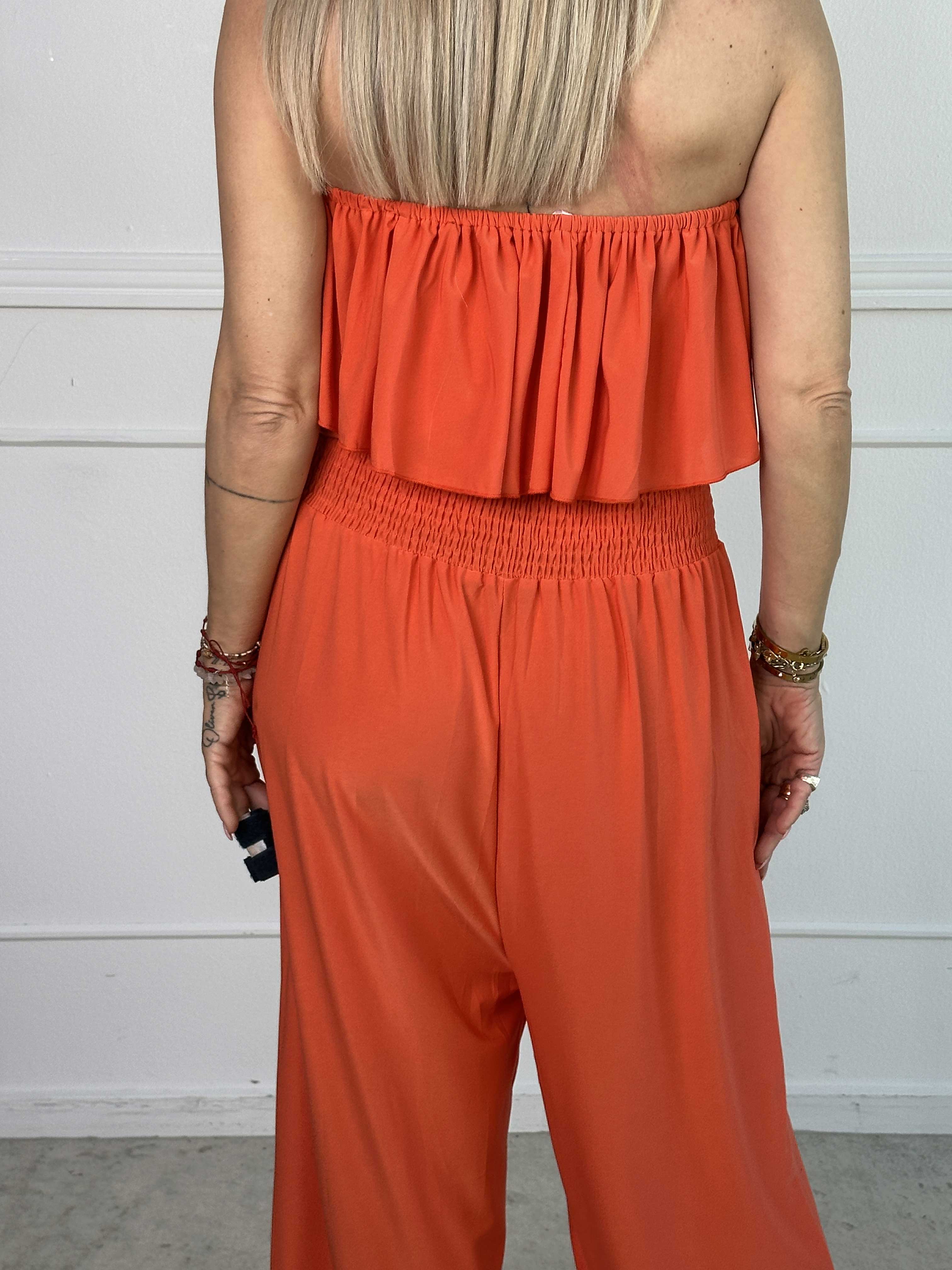 Pams Plain Frill Jumpsuit - Elastisk jumpsuit med smock och volang