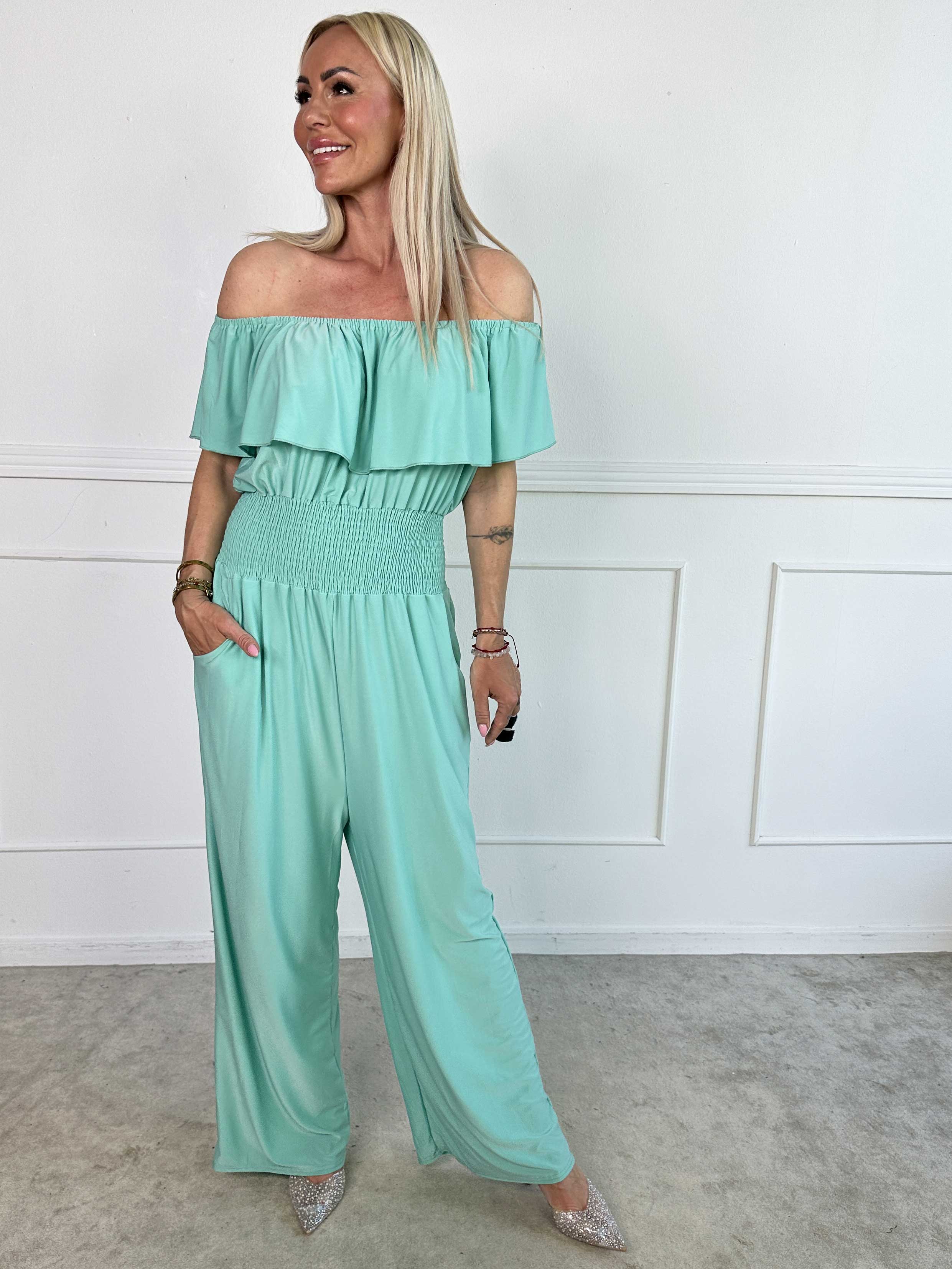 Pams Plain Frill Jumpsuit - Elastisk jumpsuit med smock och volang