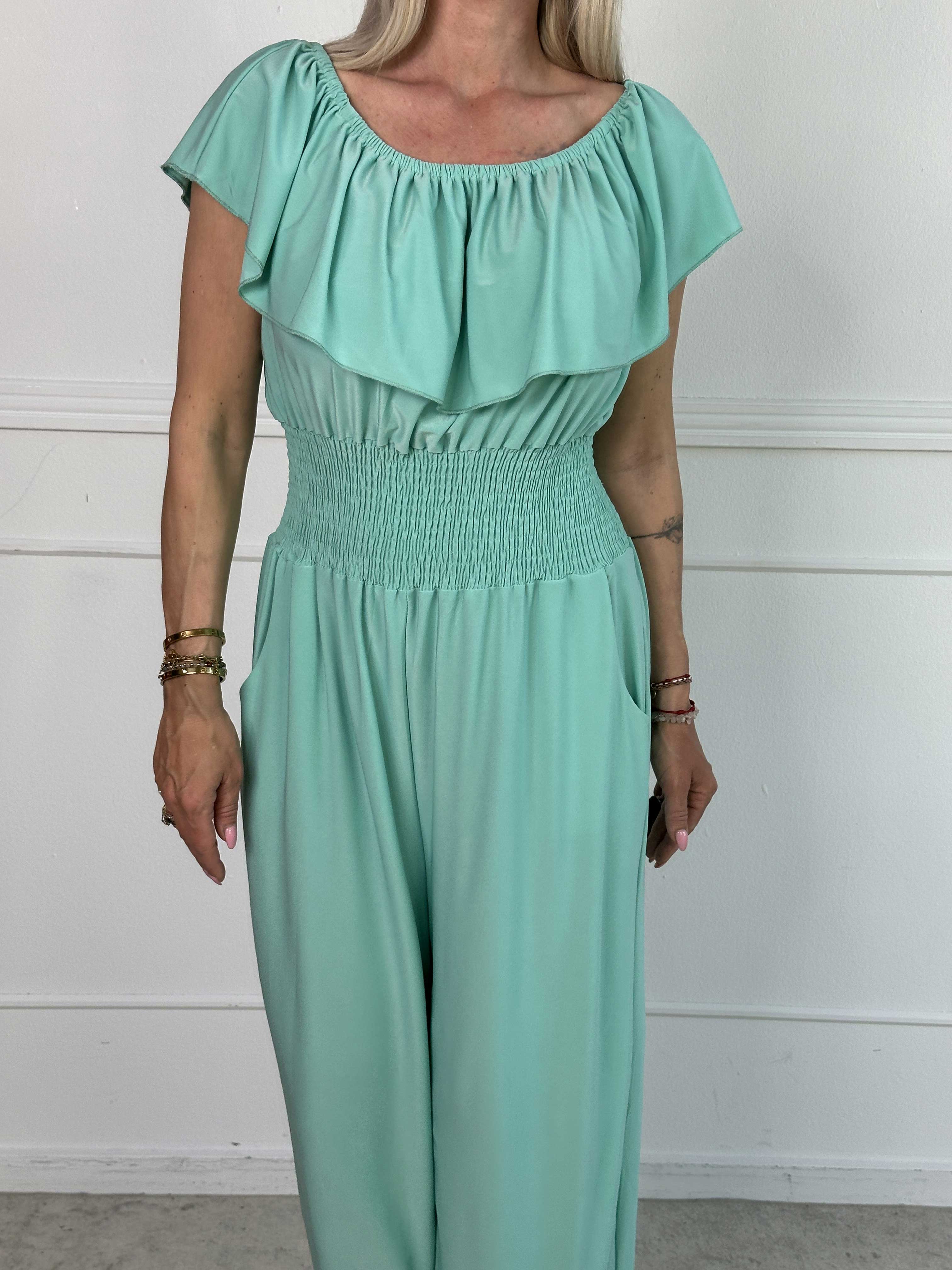 Pams Plain Frill Jumpsuit - Elastisk jumpsuit med smock och volang