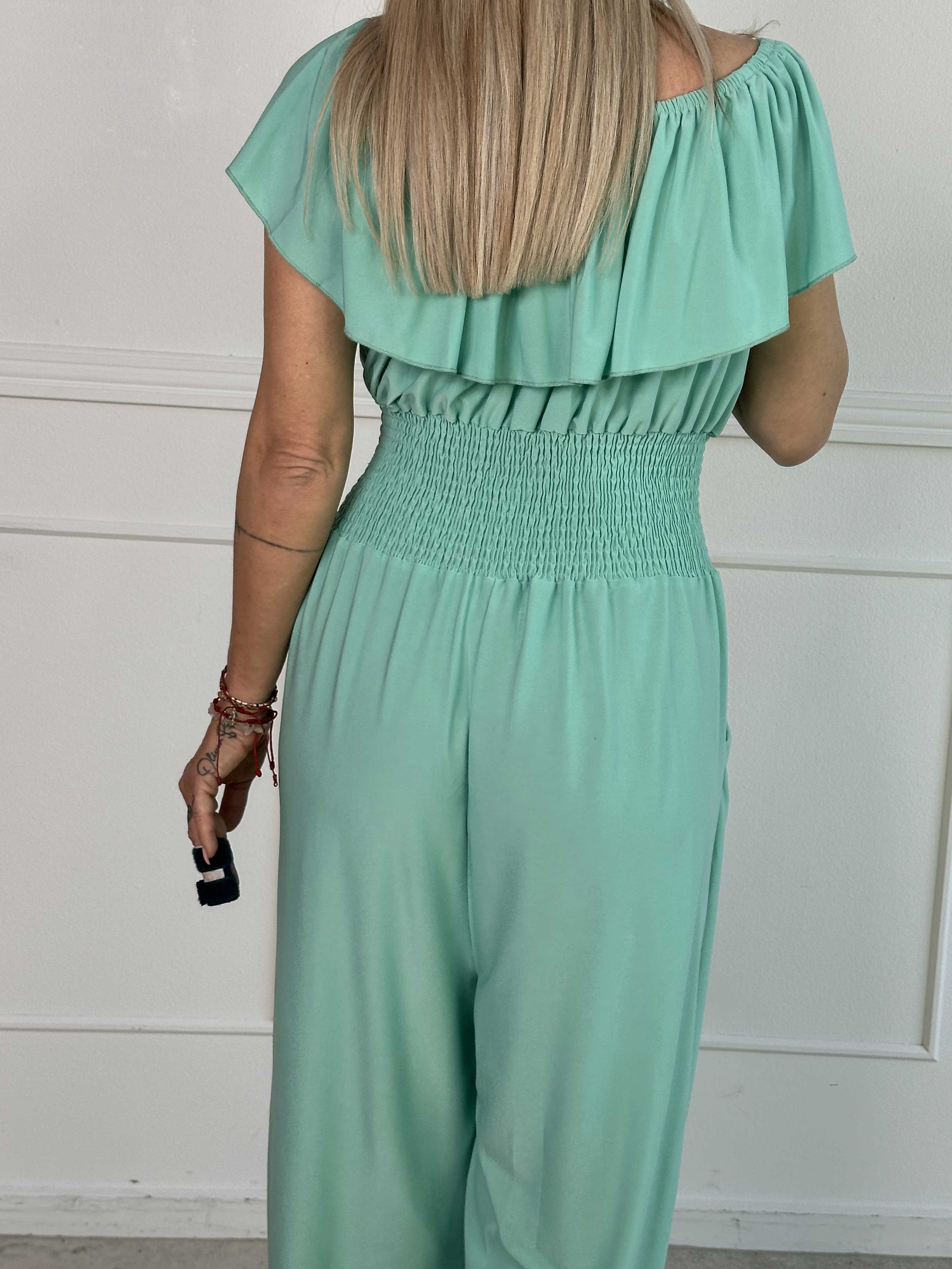 Pams Plain Frill Jumpsuit - Elastisk jumpsuit med smock och volang