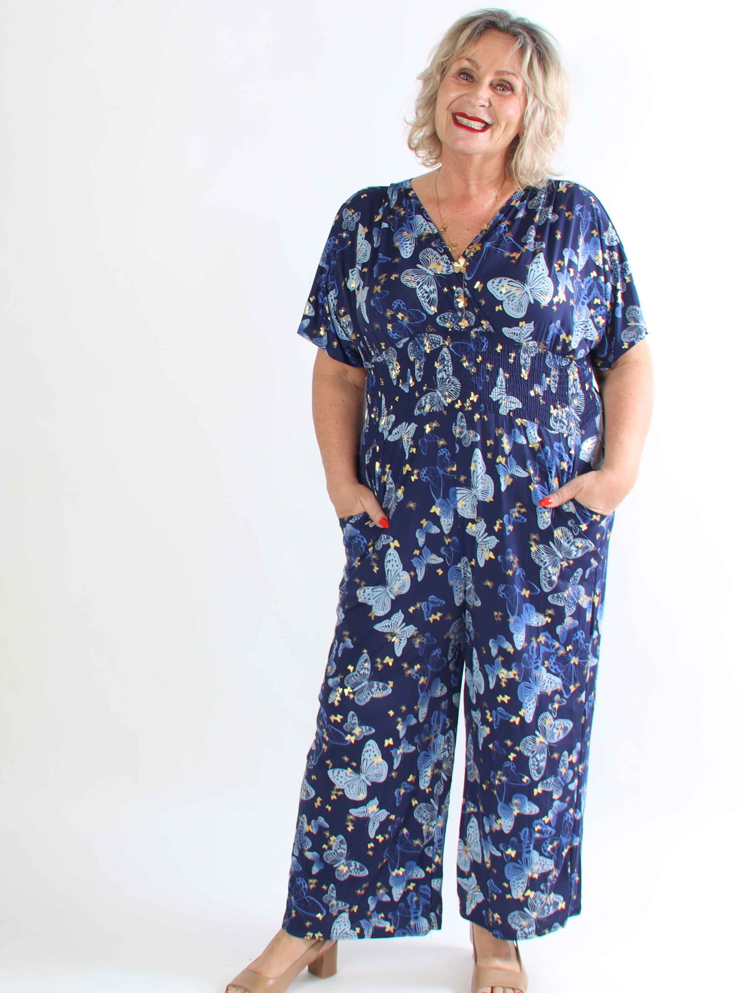 Pams Butterfly Jumpsuit - Elastisk plus size jumpsuit med fjärilsmönster