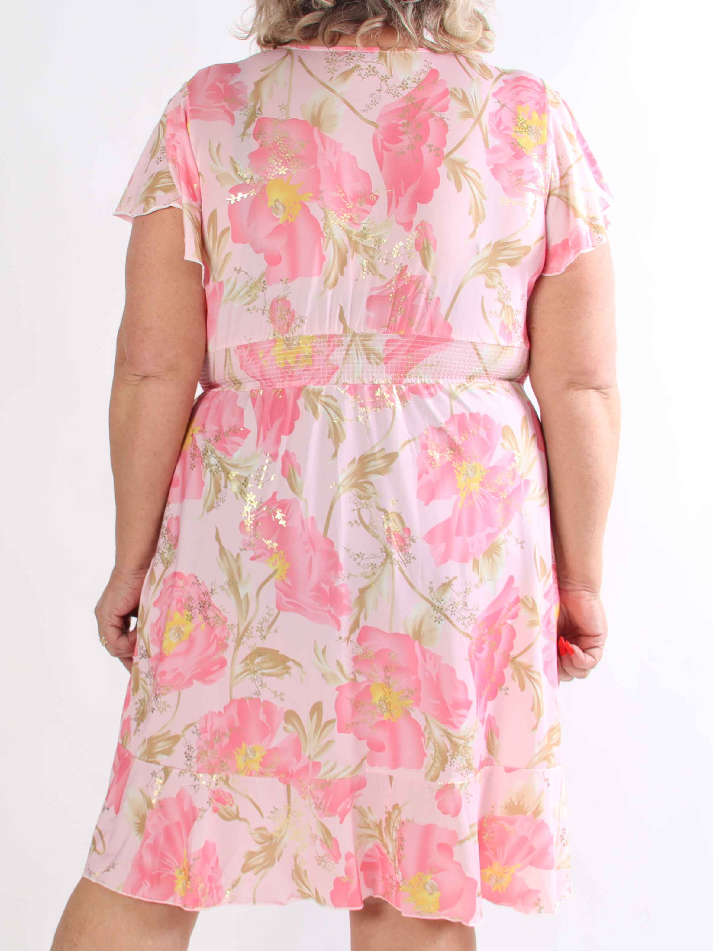 Savina Botanic S/S - Blommig plus size klänning med omlott och volangärmar