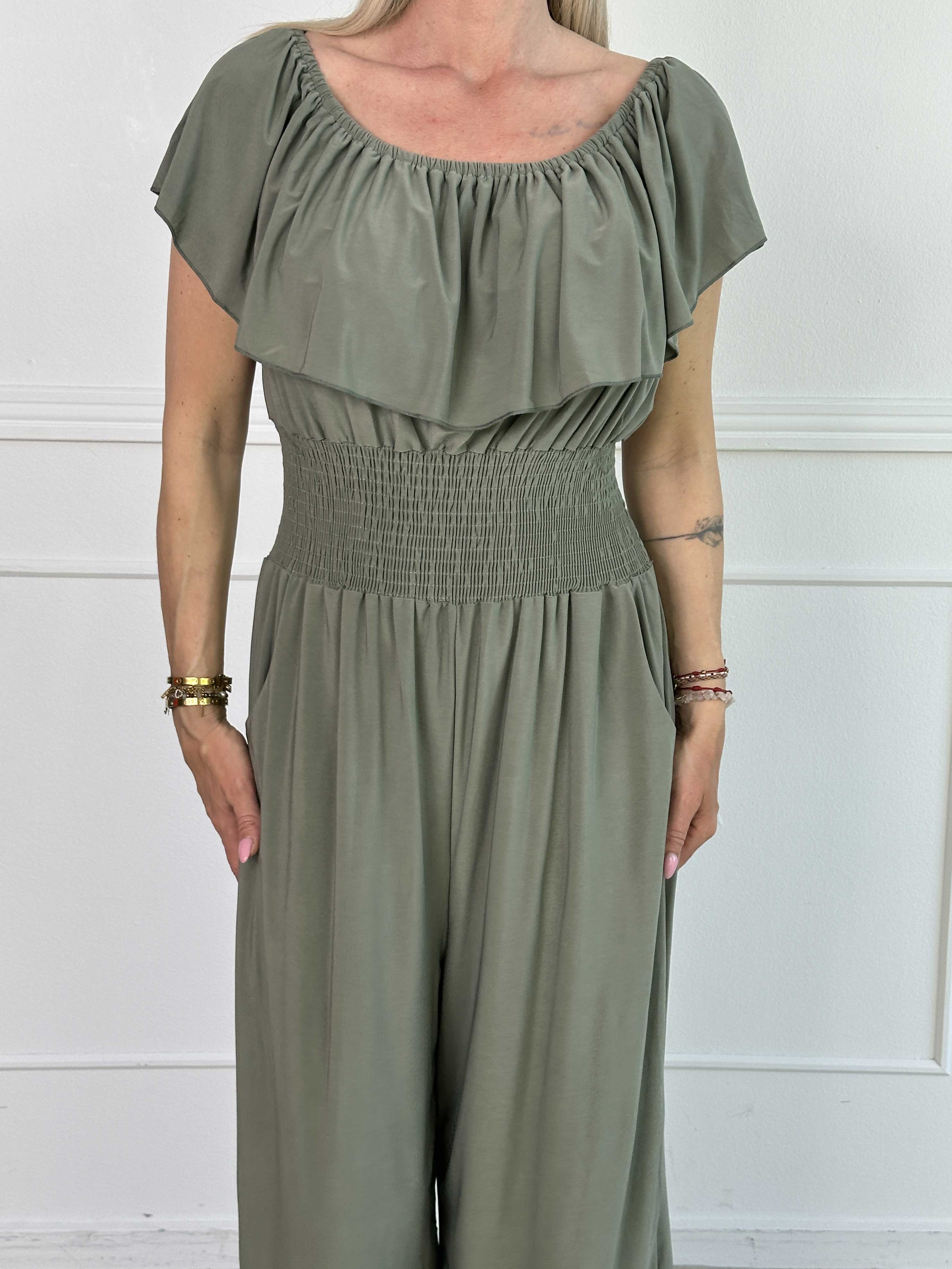 Pams Plain Frill Jumpsuit - Elastisk jumpsuit med smock och volang