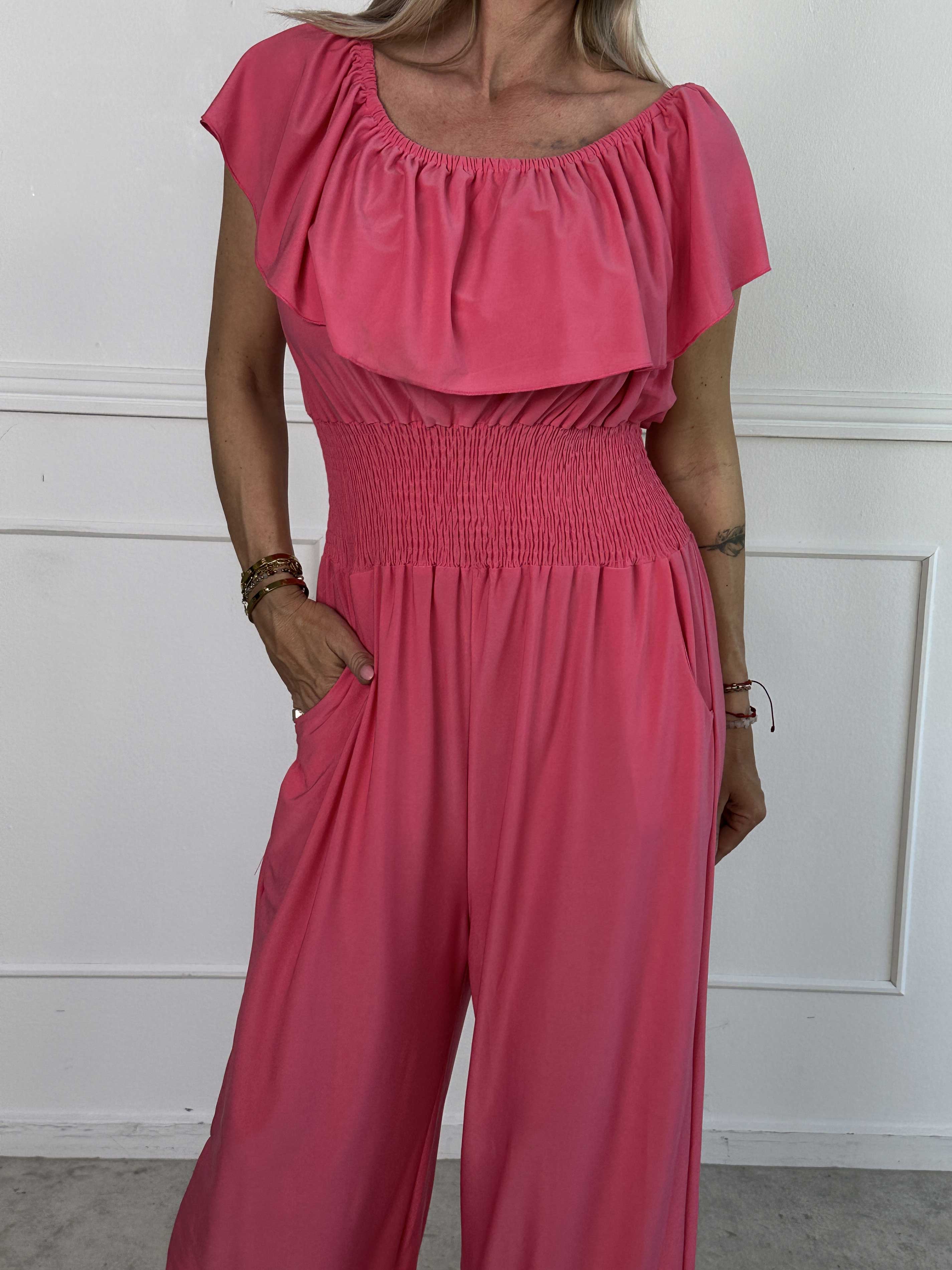 Pams Plain Frill Jumpsuit - Elastisk jumpsuit med smock och volang